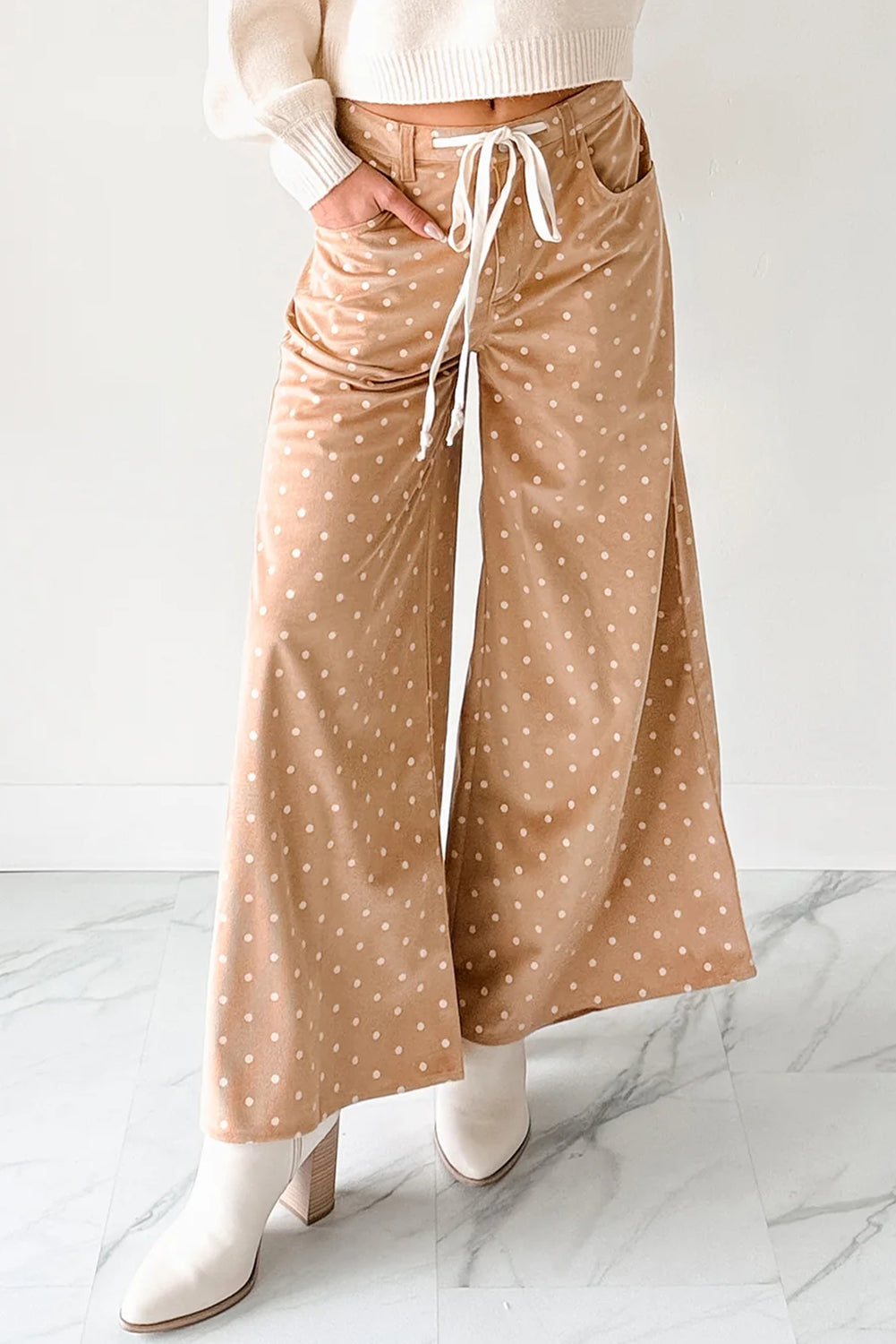 Khaki Polka Dot Print Drawstring Wide Leg Pants-Bottoms/Pants & Culotte-[Adult]-[Female]-2022 Online Blue Zone Planet