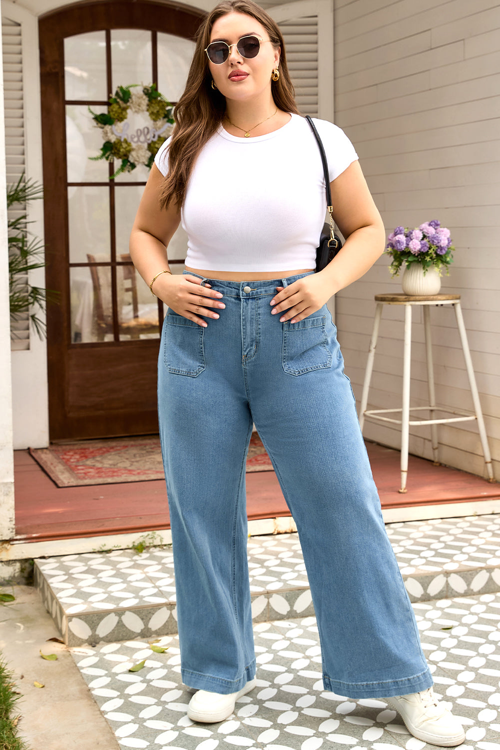 Dusk Blue Patched Pocket Textured Wide Leg Plus Size Jeans-Plus Size/Plus Size Bottoms-[Adult]-[Female]-2022 Online Blue Zone Planet