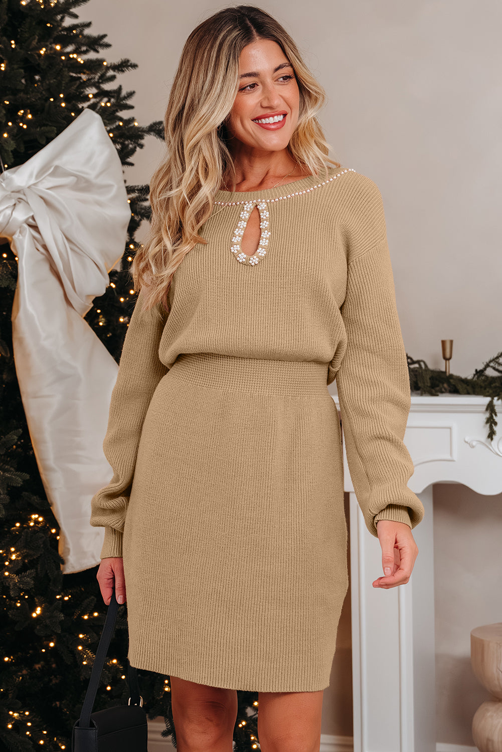 Smoke Gray Pearl Embellished Keyhole Ribbed Sweater Dress-TOPS / DRESSES-[Adult]-[Female]-2022 Online Blue Zone Planet
