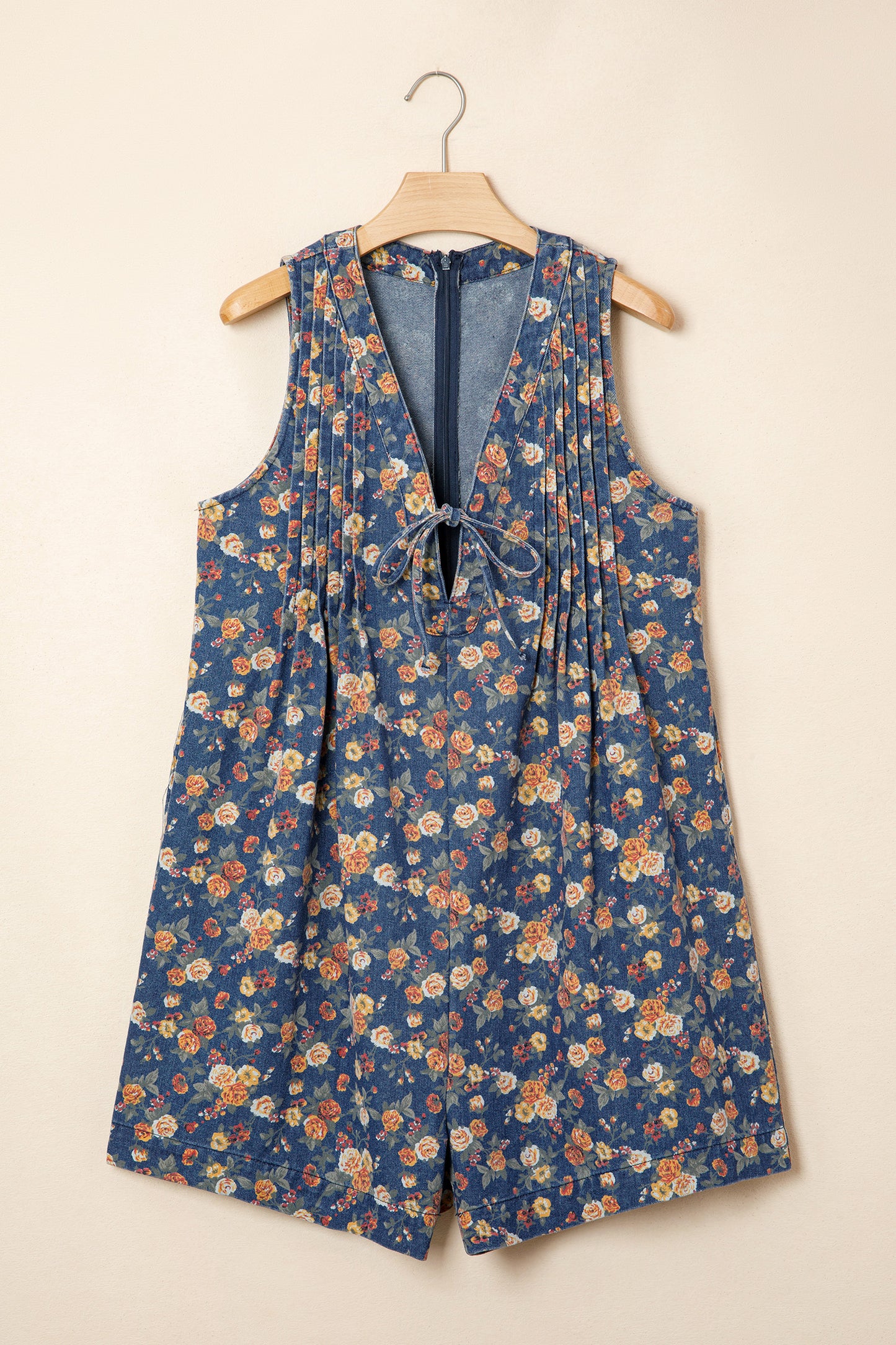 Blue Retro Floral Print Bow Tie V Neck Sleeveless Pleated Loose Denim Romper-Bottoms/Jumpsuits & Rompers-[Adult]-[Female]-2022 Online Blue Zone Planet