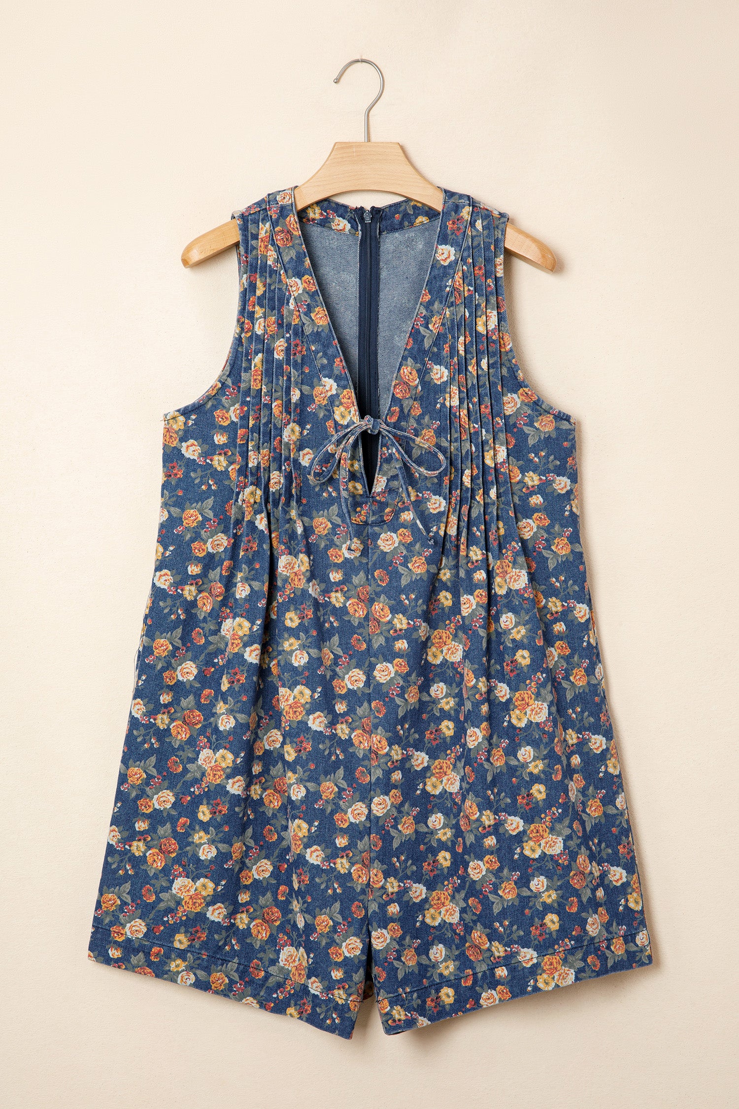 Blue Retro Floral Print Bow Tie V Neck Sleeveless Pleated Loose Denim Romper-Bottoms/Jumpsuits & Rompers-[Adult]-[Female]-2022 Online Blue Zone Planet