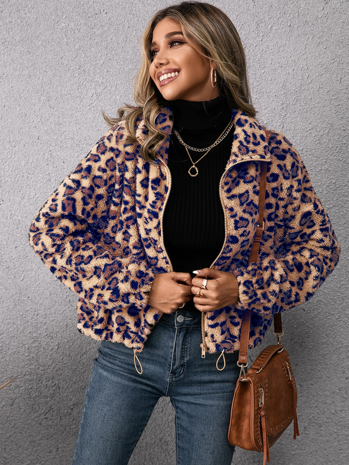 Drawstring Leopard Zip Up Jacket-TOPS / DRESSES-[Adult]-[Female]-2022 Online Blue Zone Planet