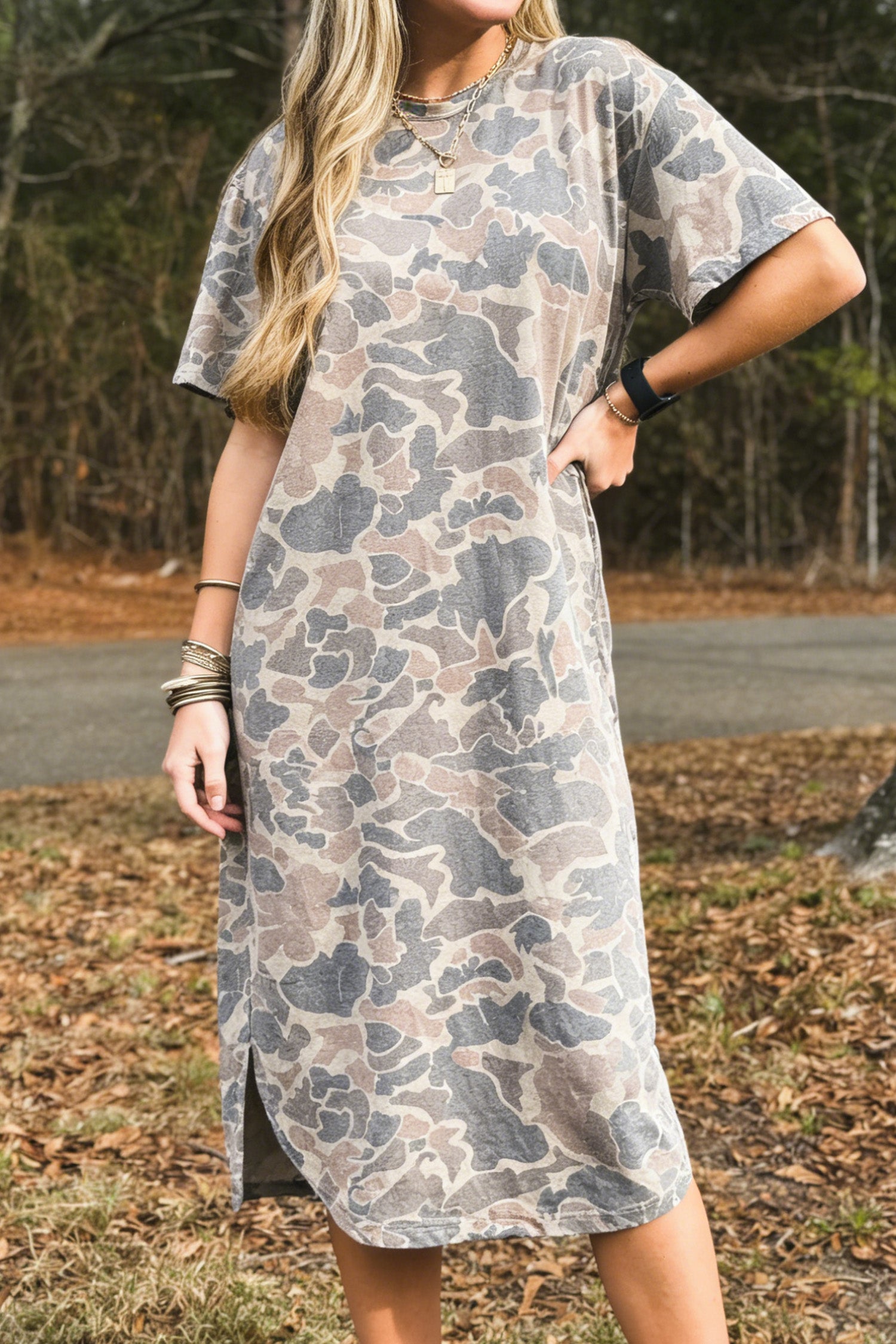 Multicolour Camouflage Print Short Sleeve Drop Shoulder Side Slit Casual Dress-Dresses/T Shirt Dresses-[Adult]-[Female]-Multicolour-S-2022 Online Blue Zone Planet