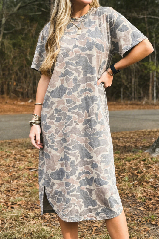 Multicolour Camouflage Print Short Sleeve Drop Shoulder Side Slit Casual Dress-Dresses/T Shirt Dresses-[Adult]-[Female]-Multicolour-S-2022 Online Blue Zone Planet