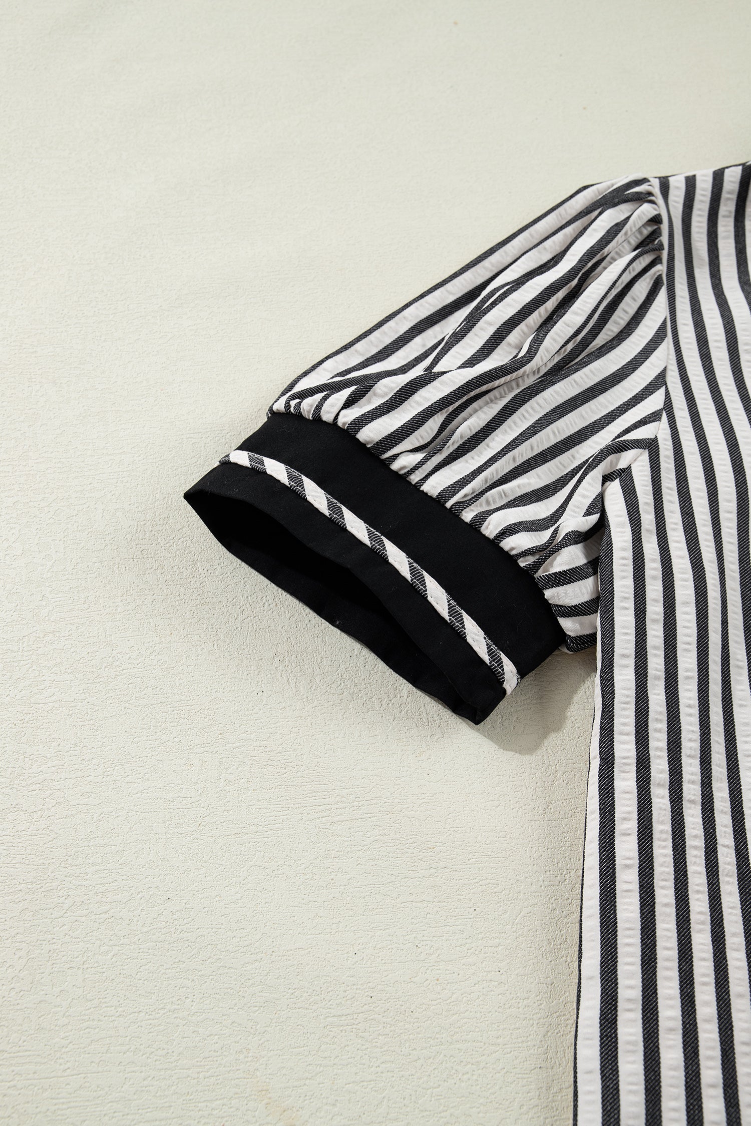 Black Stripe Collared Split Neck Short Bubble Sleeve Blouse-Tops/Blouses & Shirts-[Adult]-[Female]-2022 Online Blue Zone Planet