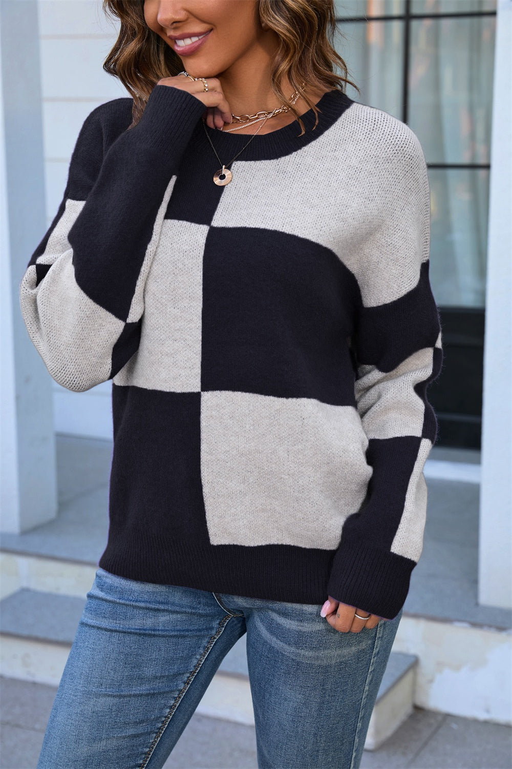 Angel Wings Color Block Round Neck Dropped Shoulder Sweater-TOPS / DRESSES-[Adult]-[Female]-Black-S-2022 Online Blue Zone Planet