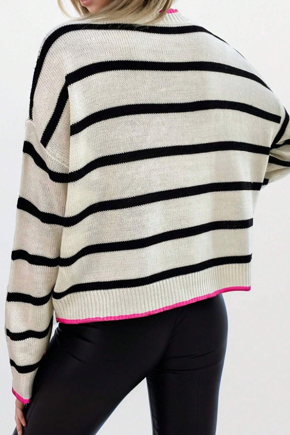 Blue Zone Planet | White Stripe Color Contrast Drop Shoulder Crew Neck Sweater-Sweaters & Cardigans/Sweaters-[Adult]-[Female]-2022 Online Blue Zone Planet