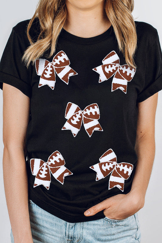 Black Rugby Football Bowknot Pattern Game Day T Shirt-Graphic/Graphic Tees-[Adult]-[Female]-Black-S-2022 Online Blue Zone Planet
