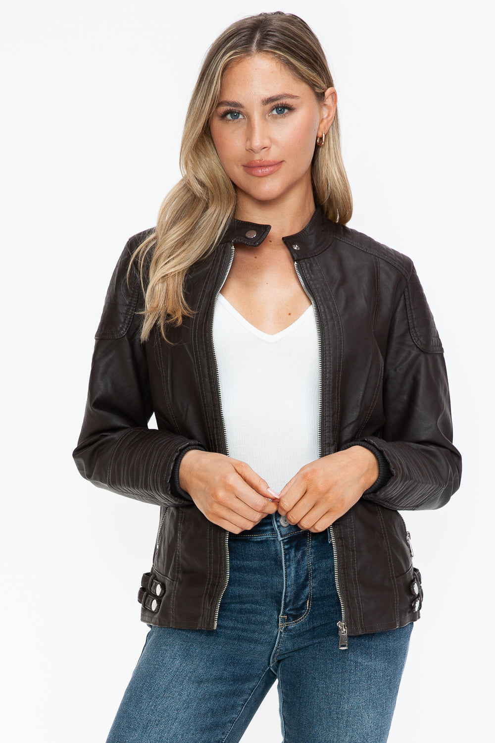 Blue Zone Planet | Snobbish Faux Leather Biker Jacket with Side Zip Pockets-TOPS / DRESSES-[Adult]-[Female]-2022 Online Blue Zone Planet