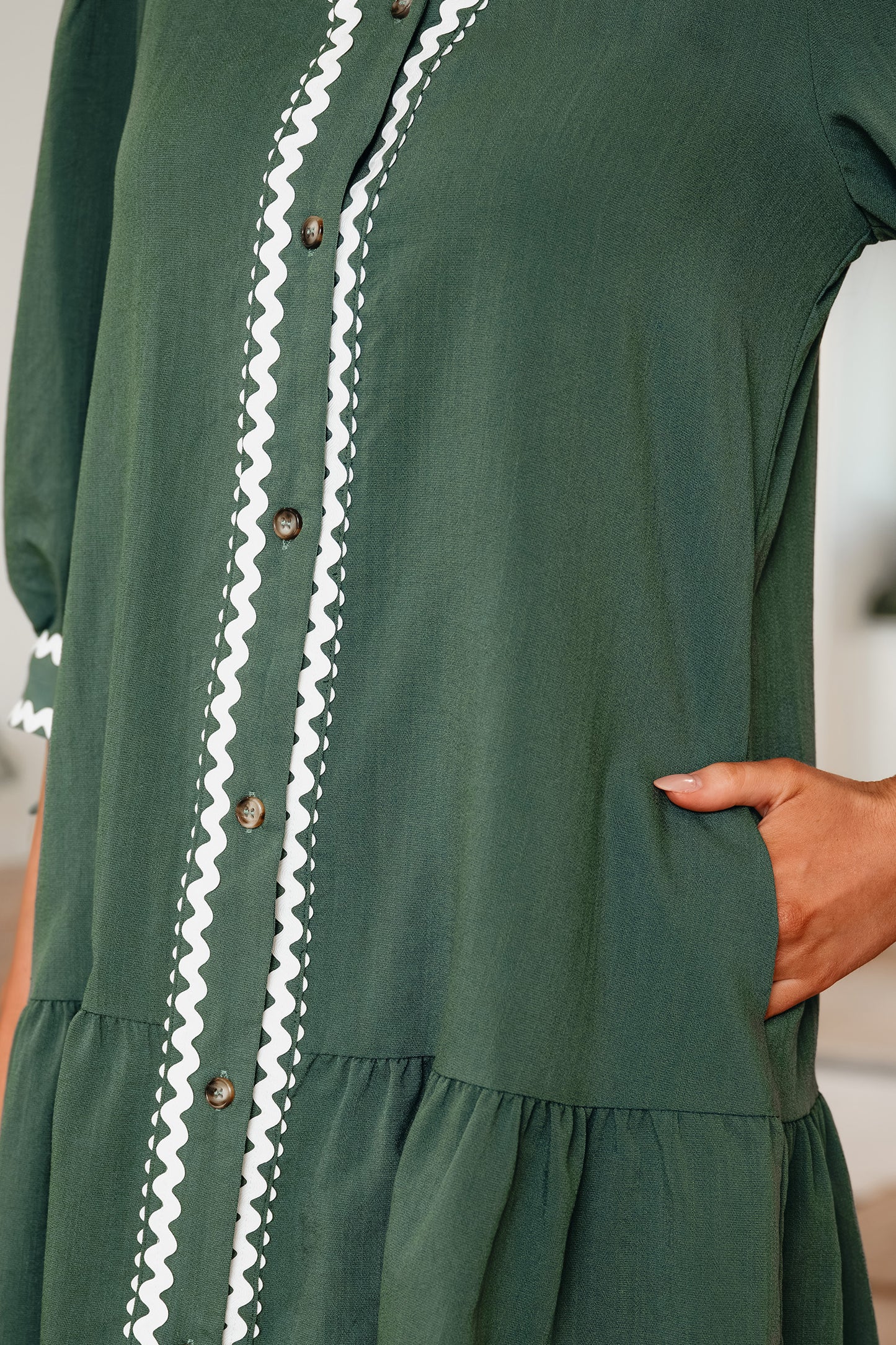 Canton Contrast Ricrac Trim Button V Neck Knotted Bracelet Sleeve Shift Dress-Bracelet-[Adult]-[Female]-2022 Online Blue Zone Planet