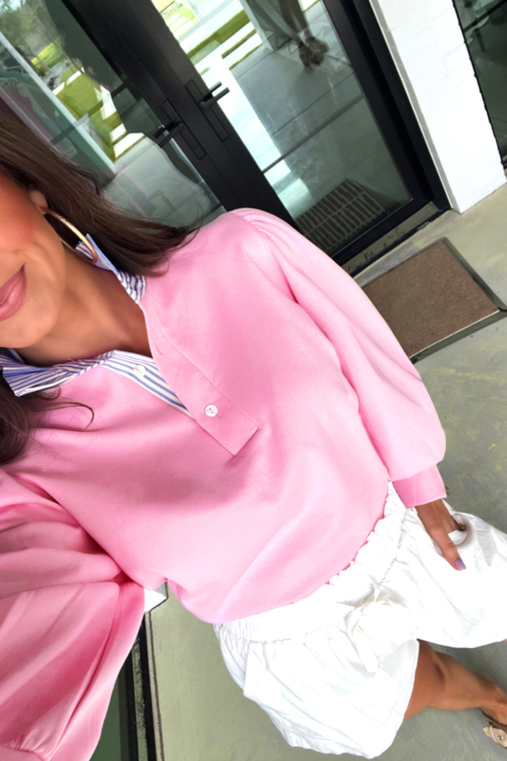 Bonbon Button Striped Collar Patchwork Puff Sleeve Sweatshirt-Tops/Sweatshirts & Hoodies-[Adult]-[Female]-2022 Online Blue Zone Planet