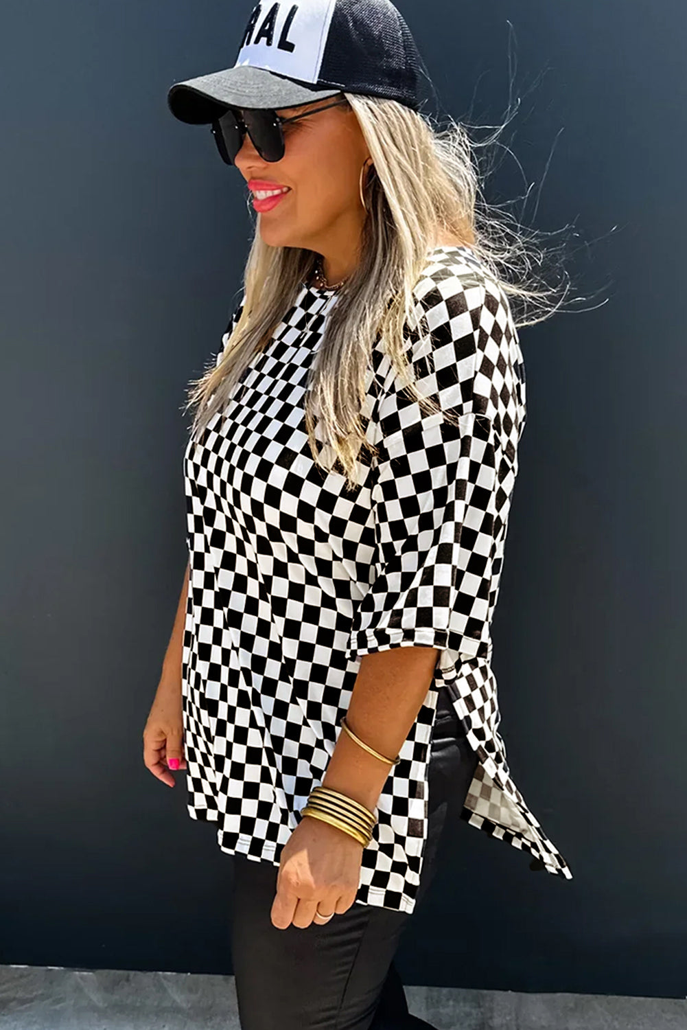 Black Checkered Print Side Slits O Neck Plus Size T Shirt-Plus Size/Plus Size Tops/Plus Size Tops & Tees-[Adult]-[Female]-2022 Online Blue Zone Planet