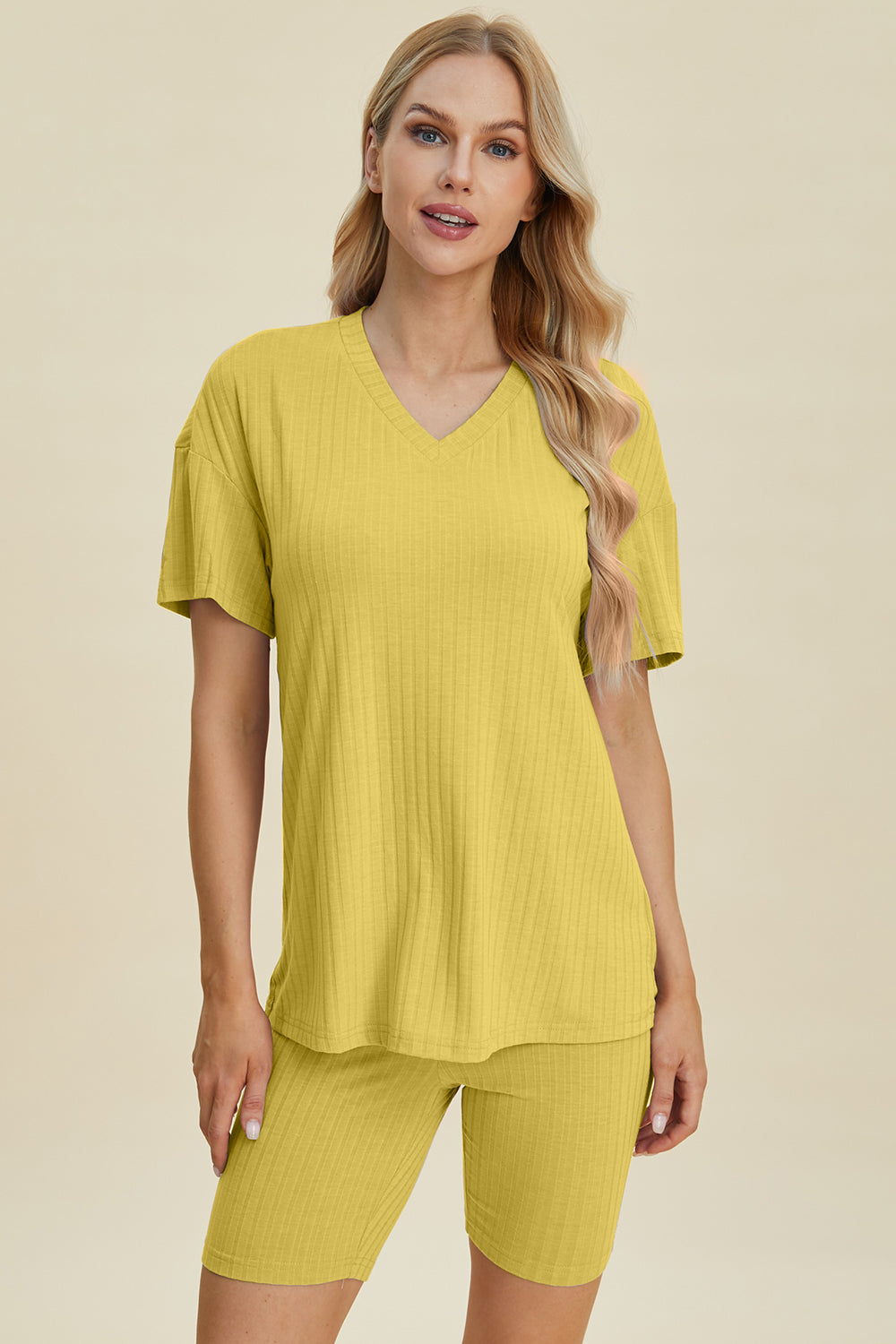 Basic Bae Full Size Ribbed V-Neck Short Sleeve Top and Shorts Set-TOPS / DRESSES-[Adult]-[Female]-Yellow-S-2022 Online Blue Zone Planet