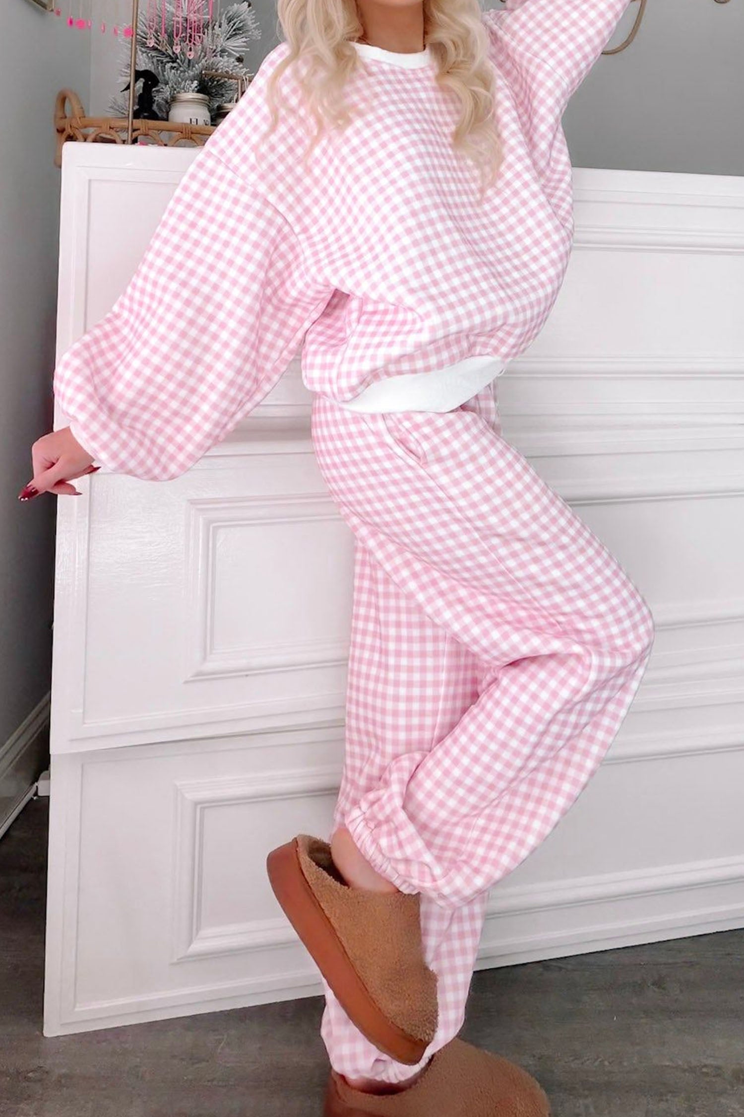 Pink Plaid Long Sleeve Two Piece Pant Set-Two Piece Sets/Pant Sets-[Adult]-[Female]-2022 Online Blue Zone Planet