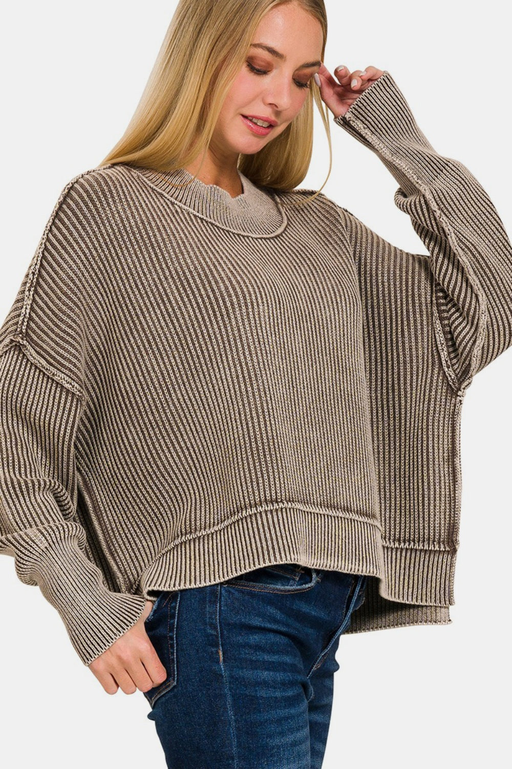 Blue Zone Planet | Zenana Exposed Seam Round Neck Dropped Shoulder Sweater-TOPS / DRESSES-[Adult]-[Female]-Mocha-S/M-2022 Online Blue Zone Planet