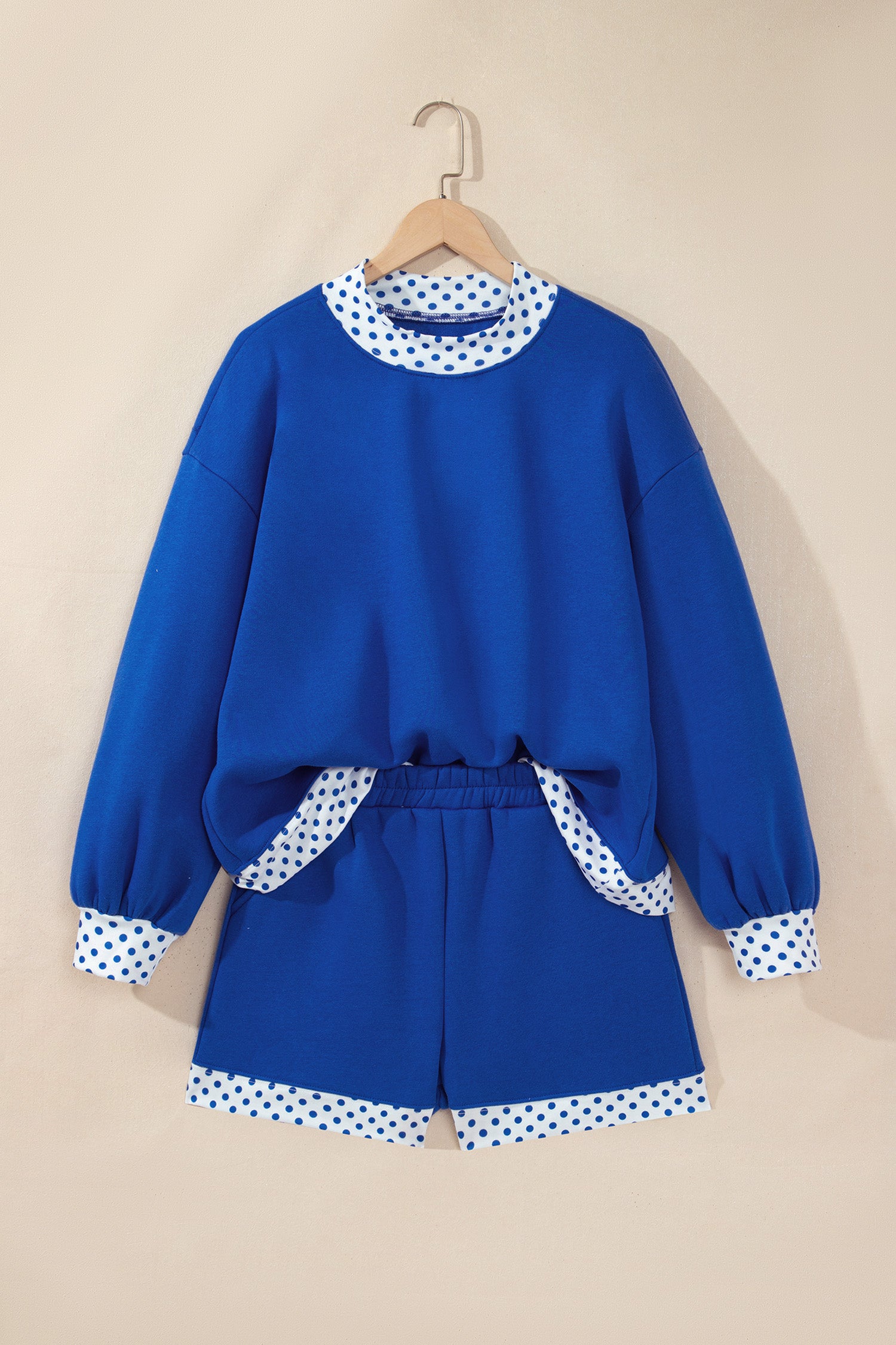 Dark Blue Polka Dot Trim Baggy Pullover 2pcs Short Set-Two Piece Sets/Short Sets-[Adult]-[Female]-2022 Online Blue Zone Planet