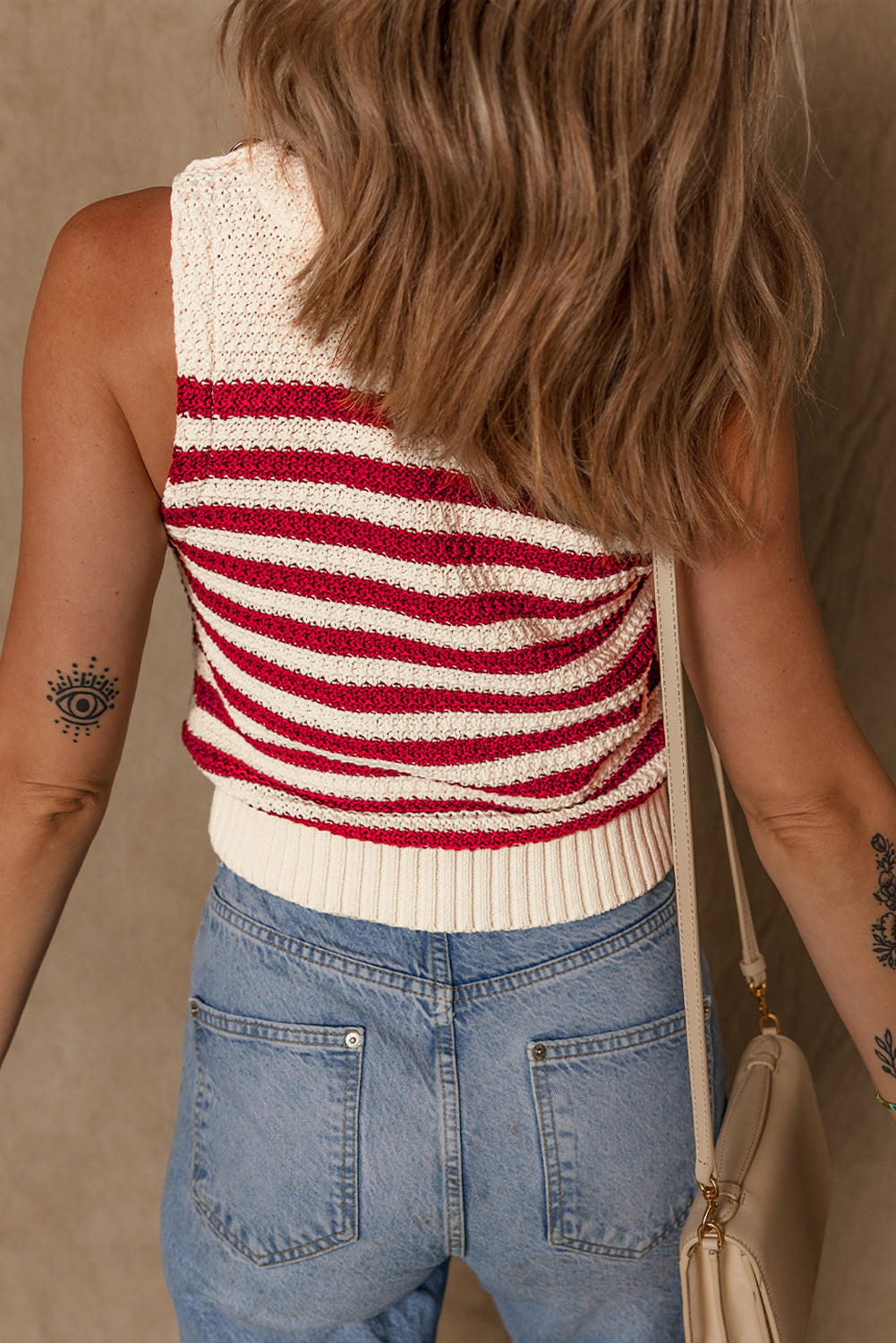 Red Stripe Textured Knit Ribbed Hem Sweater Tank Top-TOPS / DRESSES-[Adult]-[Female]-2022 Online Blue Zone Planet
