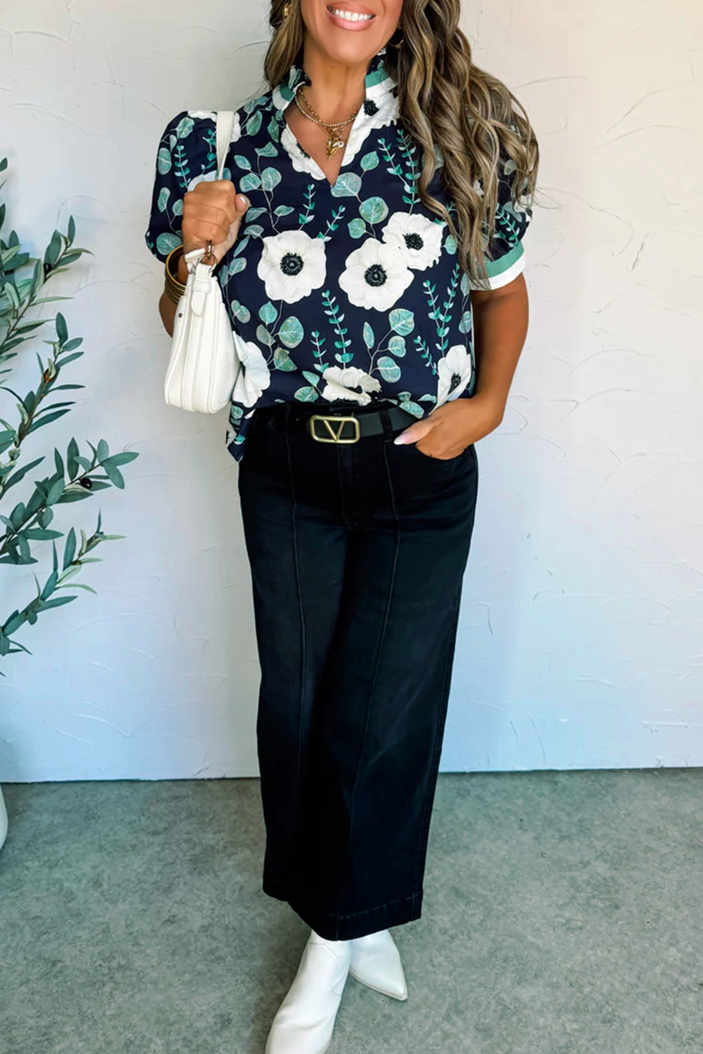 Blue Floral Print Striped Patchwork V Neck Short Sleeve Blouse-Tops/Blouses & Shirts-[Adult]-[Female]-2022 Online Blue Zone Planet