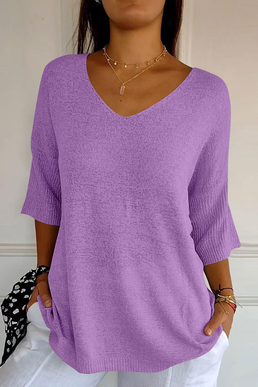 V-Neck Three-Quarter Sleeve Knit Top-TOPS / DRESSES-[Adult]-[Female]-Lavender-One Size-2022 Online Blue Zone Planet