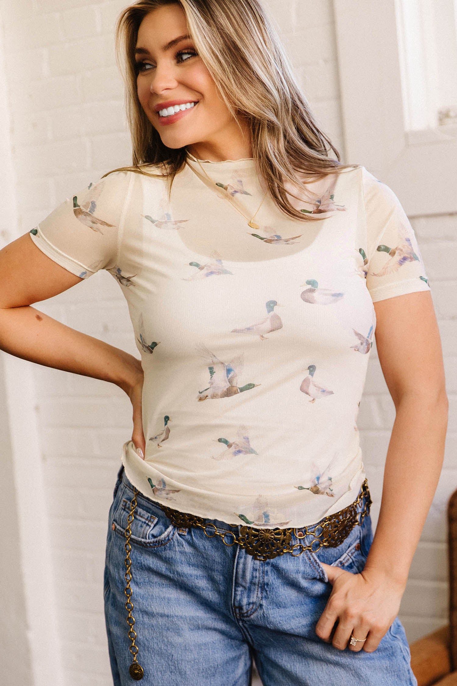 Beige Mallard Sheer Mesh Short Sleeve Top-Tops/Tops & Tees-[Adult]-[Female]-2022 Online Blue Zone Planet