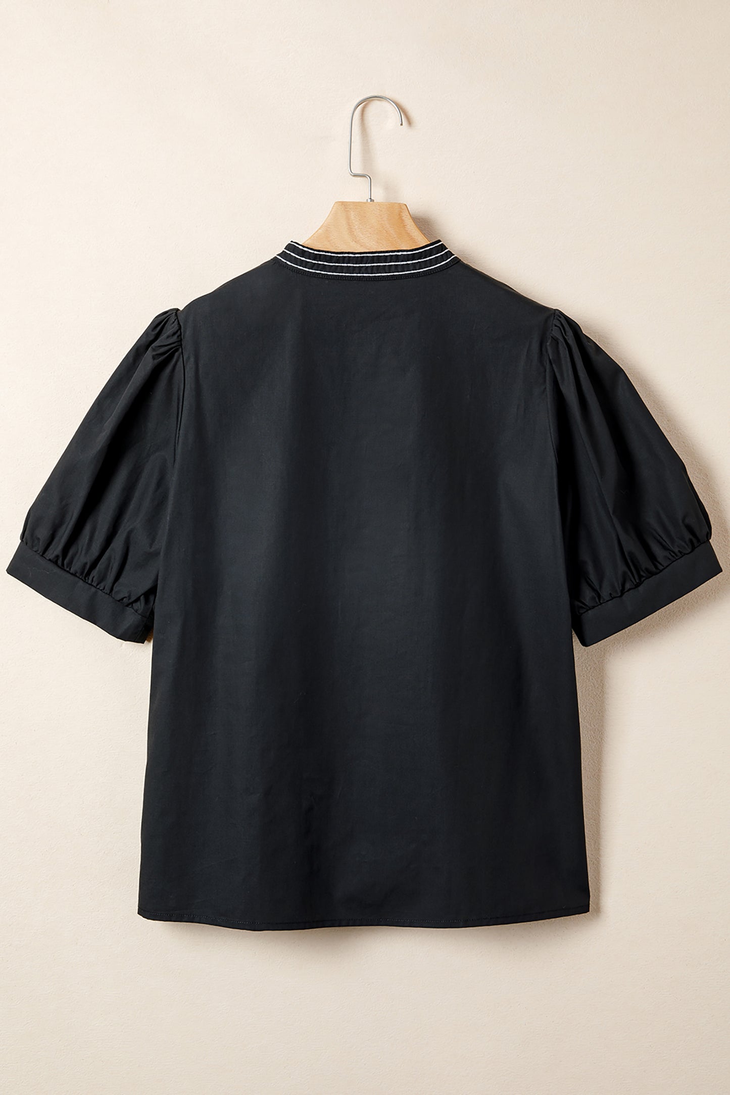 Black Short Puff Sleeve Contrast Embroidered Detail V Neck Blouse-Tops/Blouses & Shirts-[Adult]-[Female]-2022 Online Blue Zone Planet