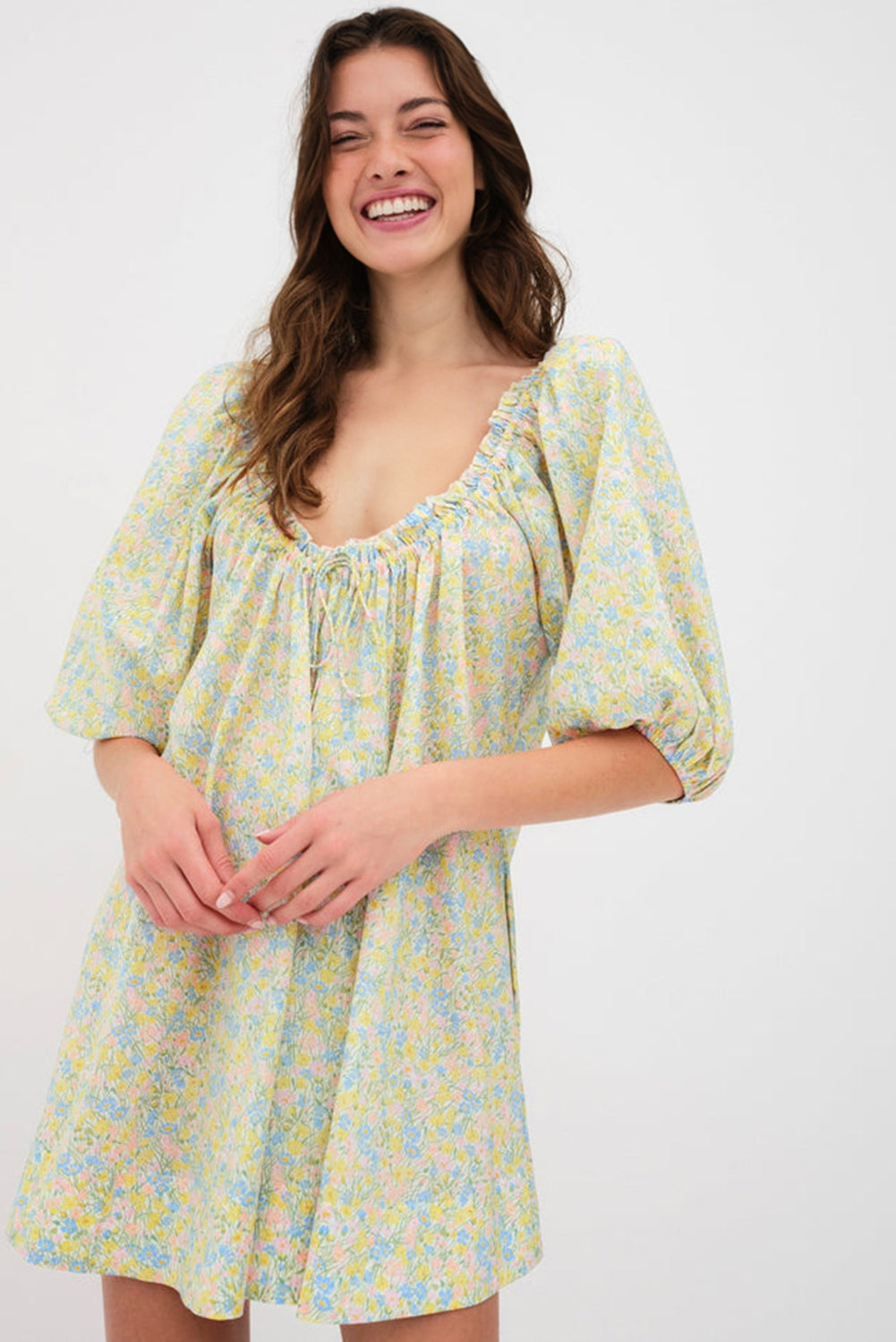 Green Floral Half Sleeve Frilled U Neck A-line Short Dress-TOPS / DRESSES-[Adult]-[Female]-2022 Online Blue Zone Planet