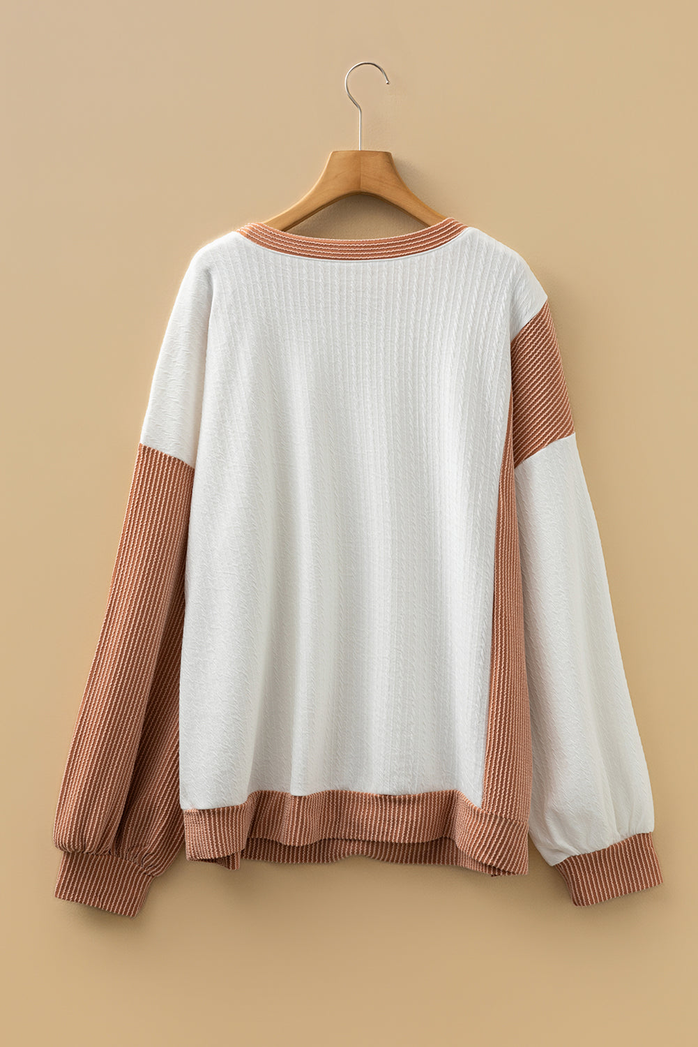 White Cable Texture Ribbed Color Block Plus Size Knit Top-Plus Size/Plus Size Tops/Plus Size Long Sleeve Tops-[Adult]-[Female]-2022 Online Blue Zone Planet