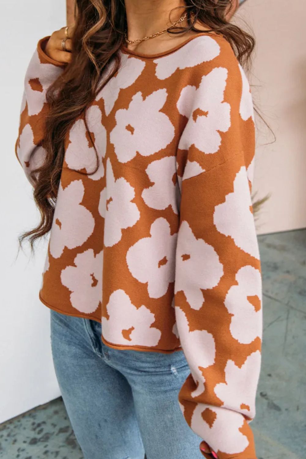 Flower Round Neck Long Sleeve Knit Top-TOPS / DRESSES-[Adult]-[Female]-2022 Online Blue Zone Planet