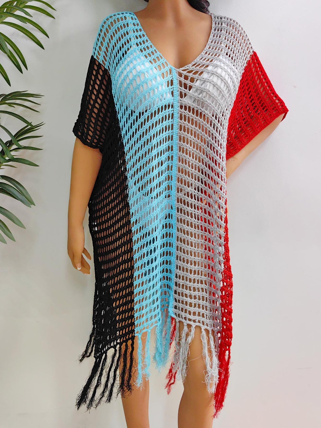 Blue Zone Planet | Fringe Color Block Scoop Neck Cover Up-TOPS / DRESSES-[Adult]-[Female]-Black-One Size-2022 Online Blue Zone Planet