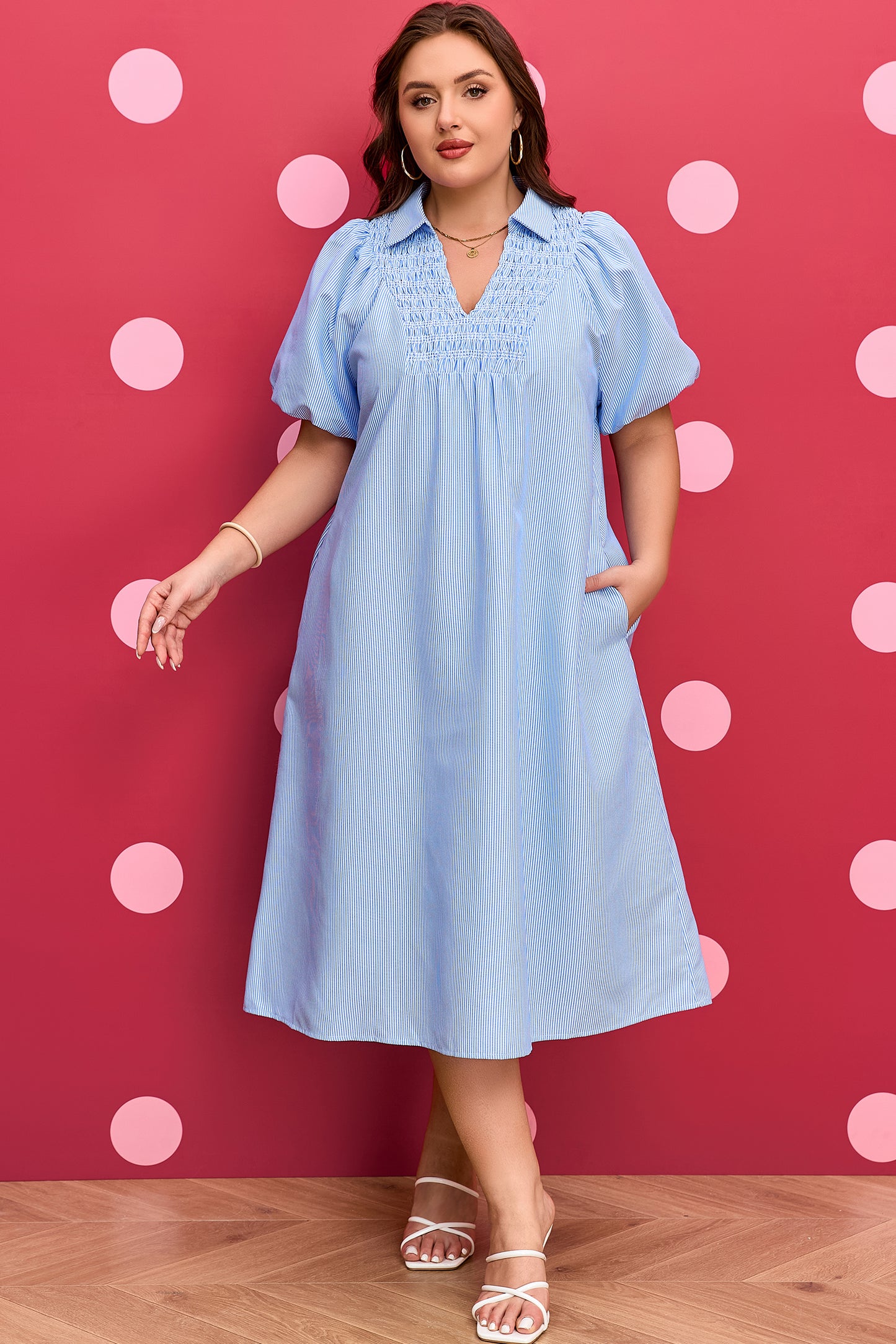 Sky Blue Stripe Shirred Detail Collar V Neck Plus Size Midi Dress-TOPS / DRESSES-[Adult]-[Female]-2022 Online Blue Zone Planet