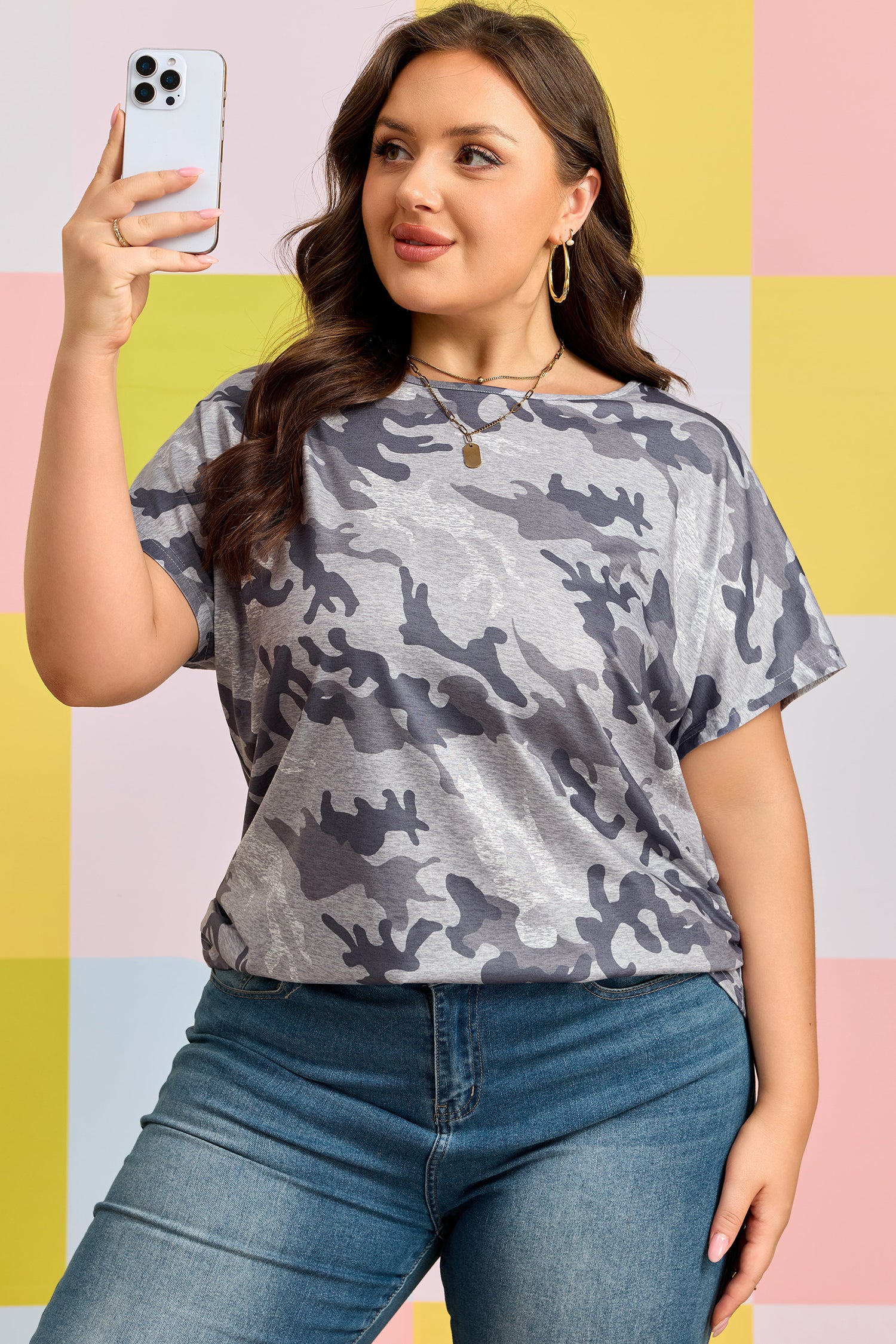 Gray Plus Size Camo Print Casual T Shirt-Plus Size/Plus Size Tops/Plus Size Tops & Tees-[Adult]-[Female]-2022 Online Blue Zone Planet