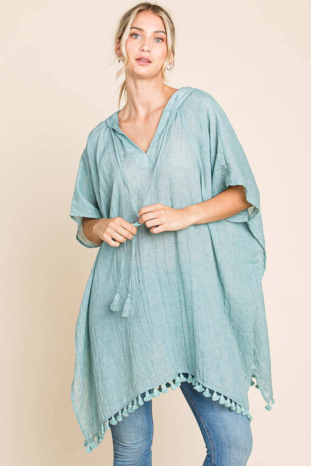 Blue Zone Planet | Cotton Bleu by Nu Label Tassel Hem Hooded Cover Up-Tops / Dresses-[Adult]-[Female]-Mint-S-2022 Online Blue Zone Planet