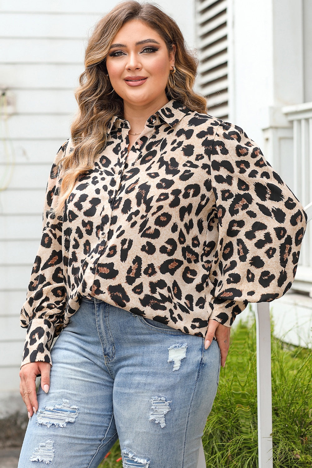 Plus Size Printed Long Sleeve Shirt-TOPS / DRESSES-[Adult]-[Female]-2022 Online Blue Zone Planet