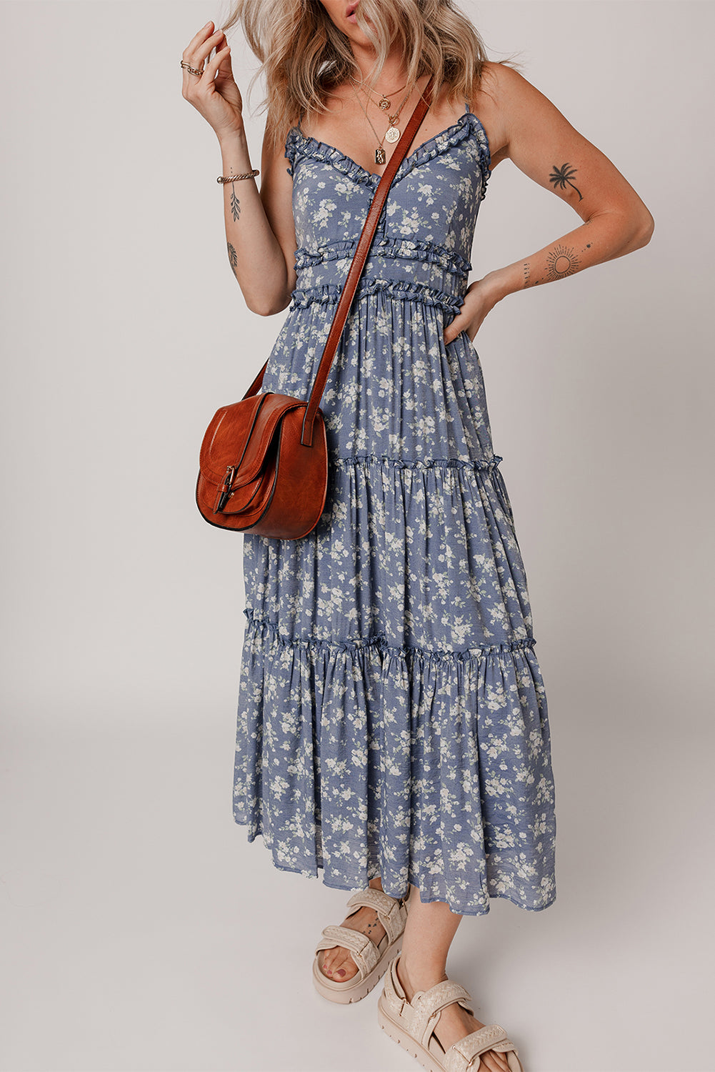 Blue Floral Spaghetti Strap Frilled V Neck Tiered Midi Dress-TOPS / DRESSES-[Adult]-[Female]-2022 Online Blue Zone Planet