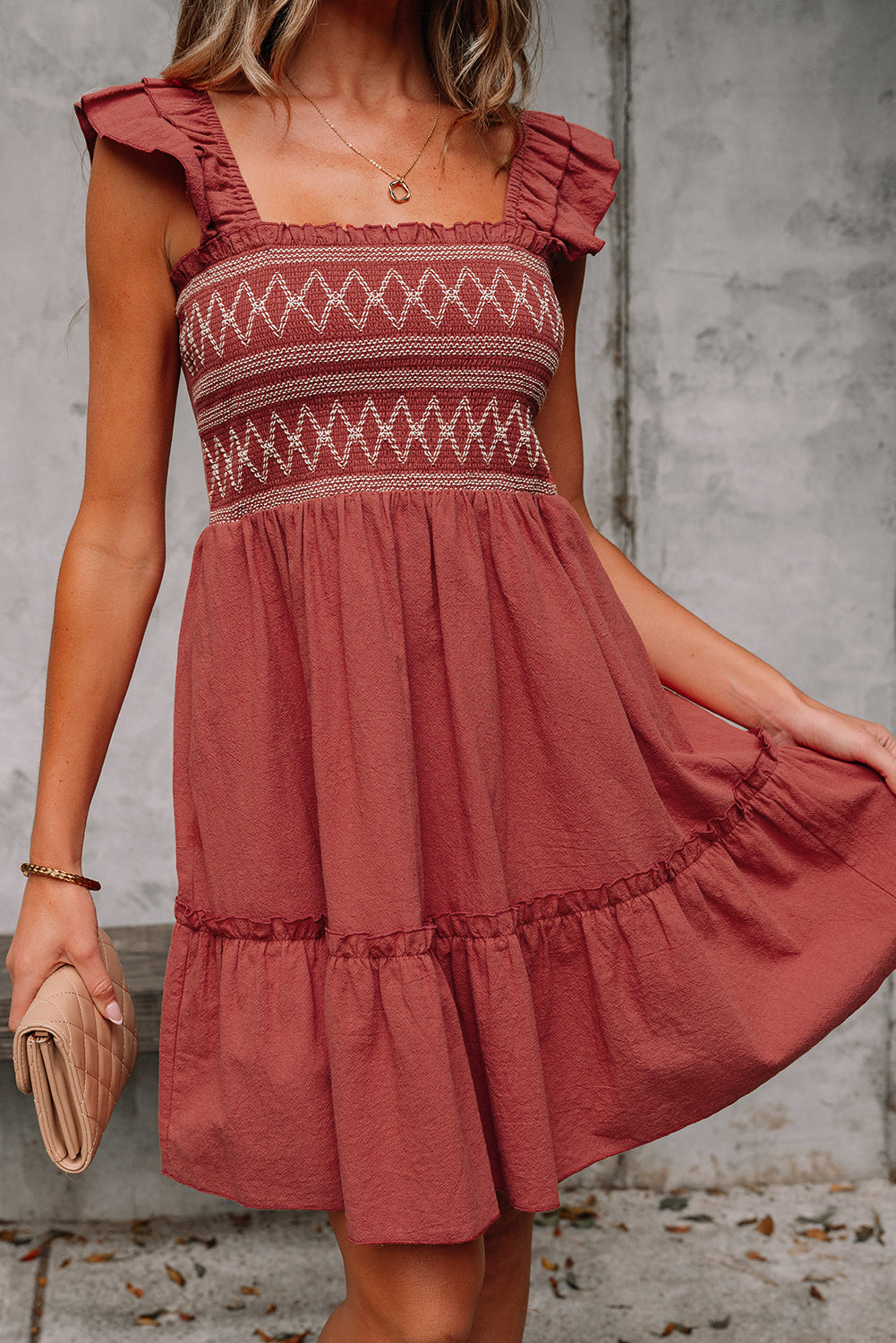 Red Sandalwood Geometric Stitch Shirred Bodice Ruffled Trim Sleeveless Mini Dress-TOPS / DRESSES-[Adult]-[Female]-2022 Online Blue Zone Planet