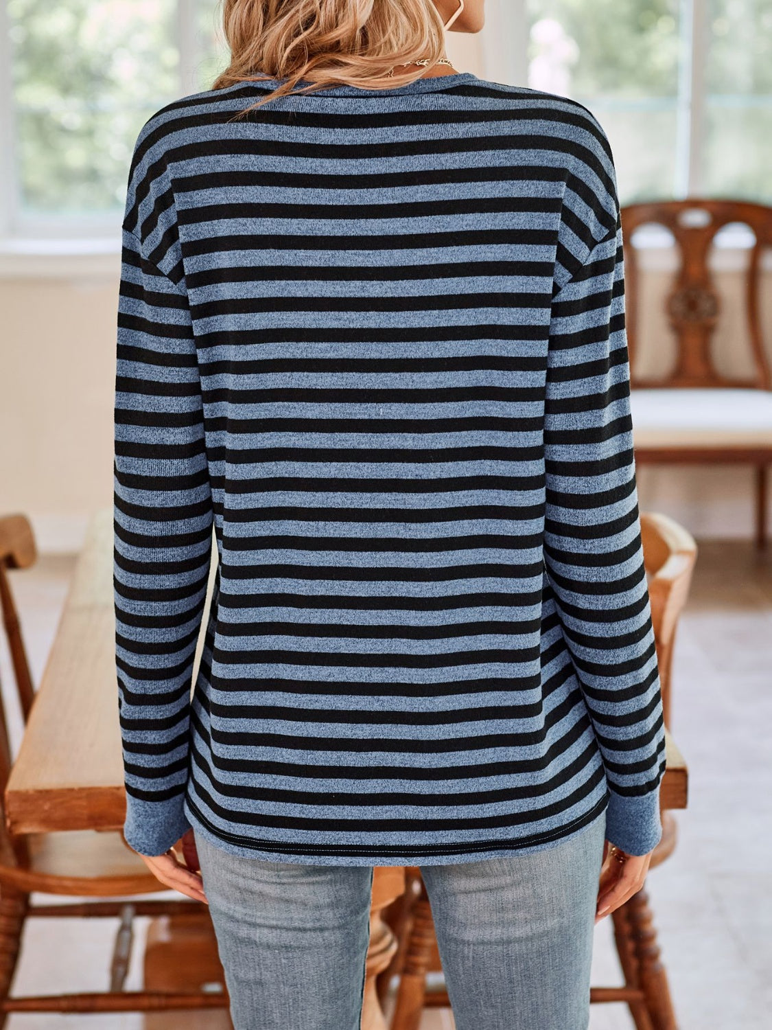 Blue Zone Planet | Lovelet Striped Round Neck Long Sleeve T-Shirt-TOPS / DRESSES-[Adult]-[Female]-2022 Online Blue Zone Planet