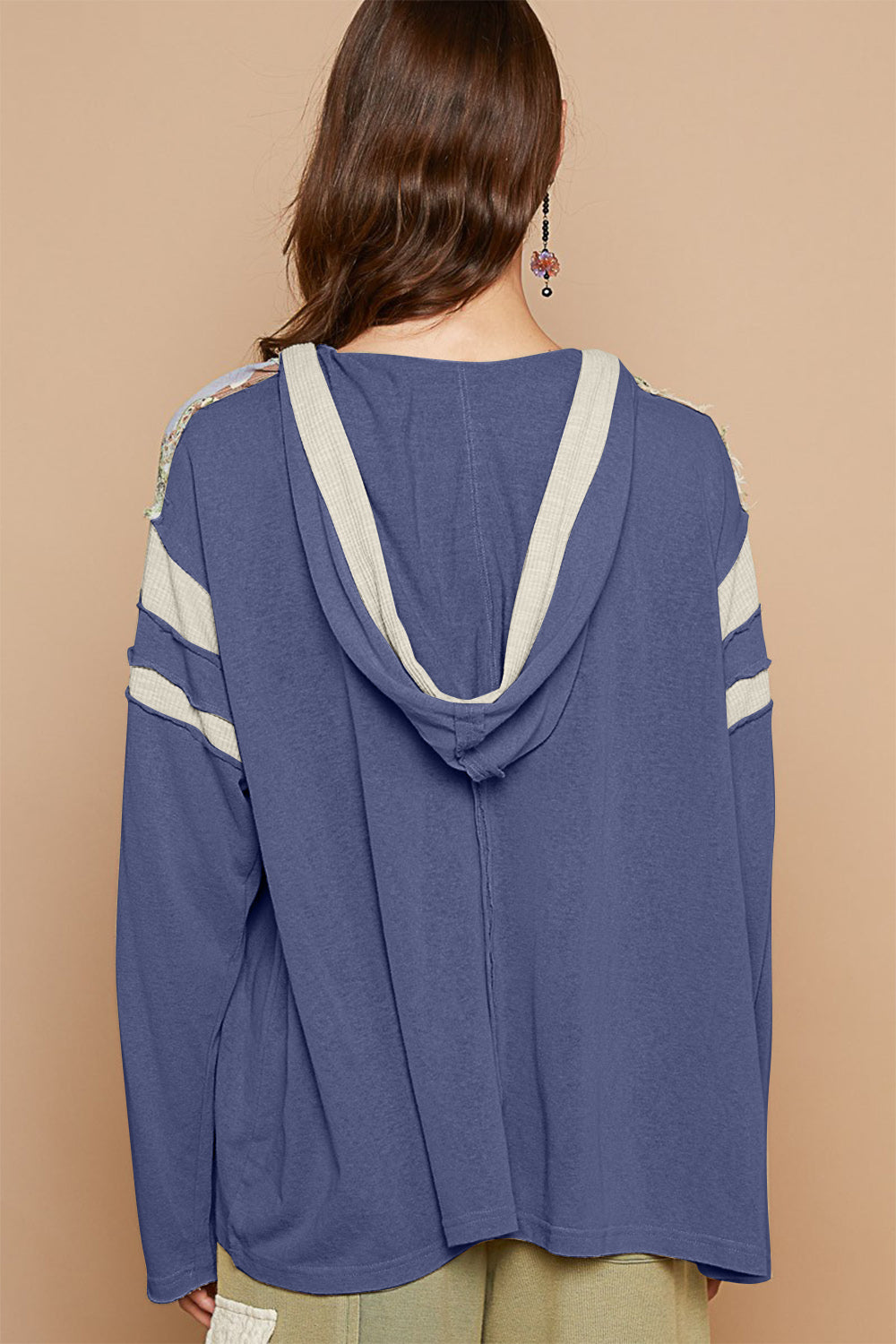 Blue Zone Planet | POL Exposed Seam Number Patch V-Neck Hooded Top-Tops / Dresses-[Adult]-[Female]-2022 Online Blue Zone Planet