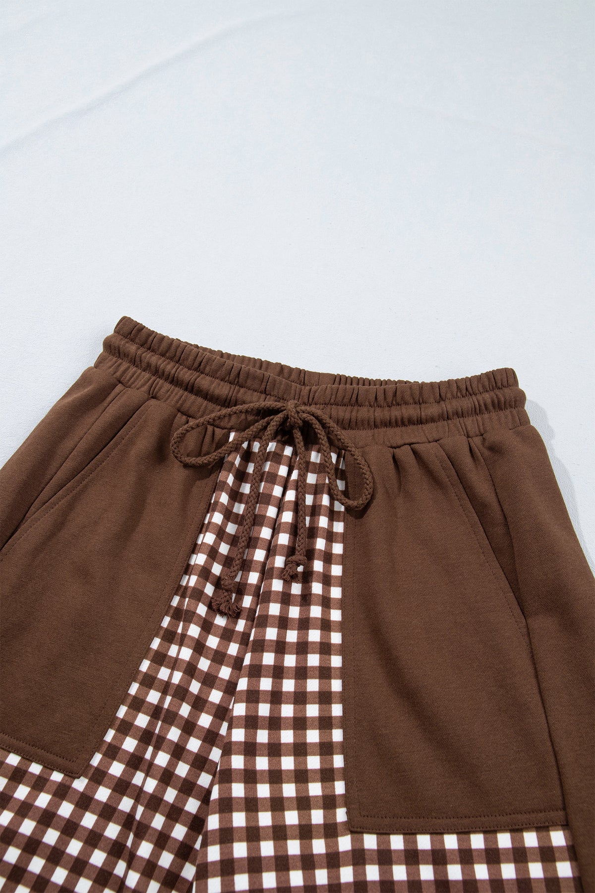 Khaki Color Block Plaid Patchwork Long Sleeve Pullover Wide Leg Pant Set-Two Piece Sets/Pant Sets-[Adult]-[Female]-2022 Online Blue Zone Planet