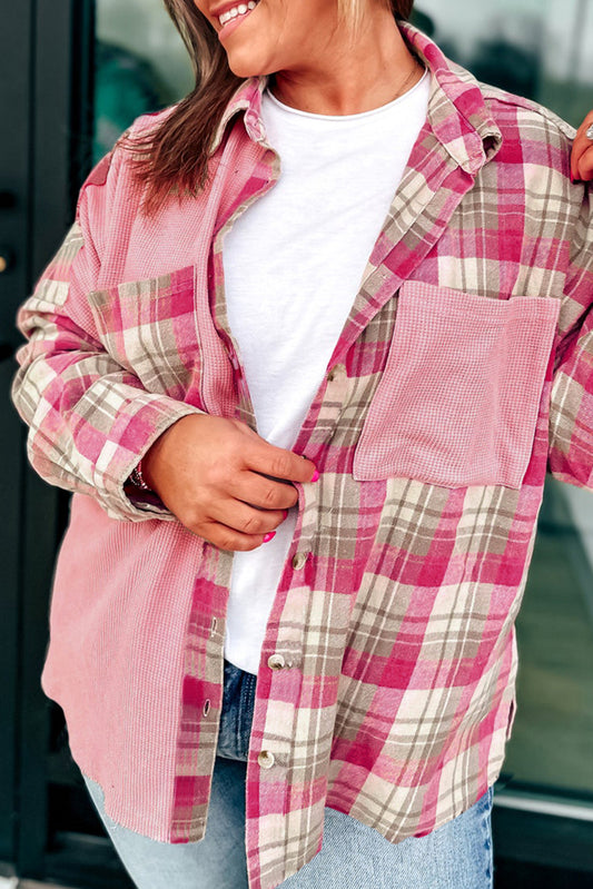 Pink Waffle Patch Pocket Plaid Patchwork Plus Size Shirt-Plus Size/Plus Size Outerwear-[Adult]-[Female]-Pink-1X-2022 Online Blue Zone Planet
