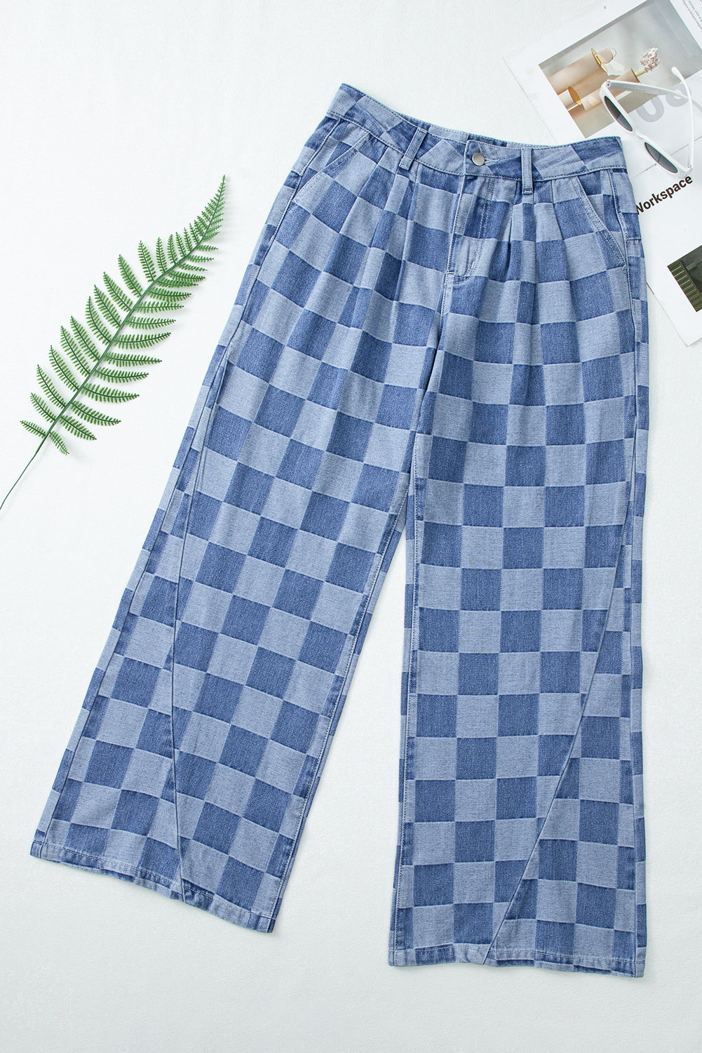 Dusk Blue Checkered Denim Wide Leg Jeans-Bottoms/Jeans-[Adult]-[Female]-2022 Online Blue Zone Planet