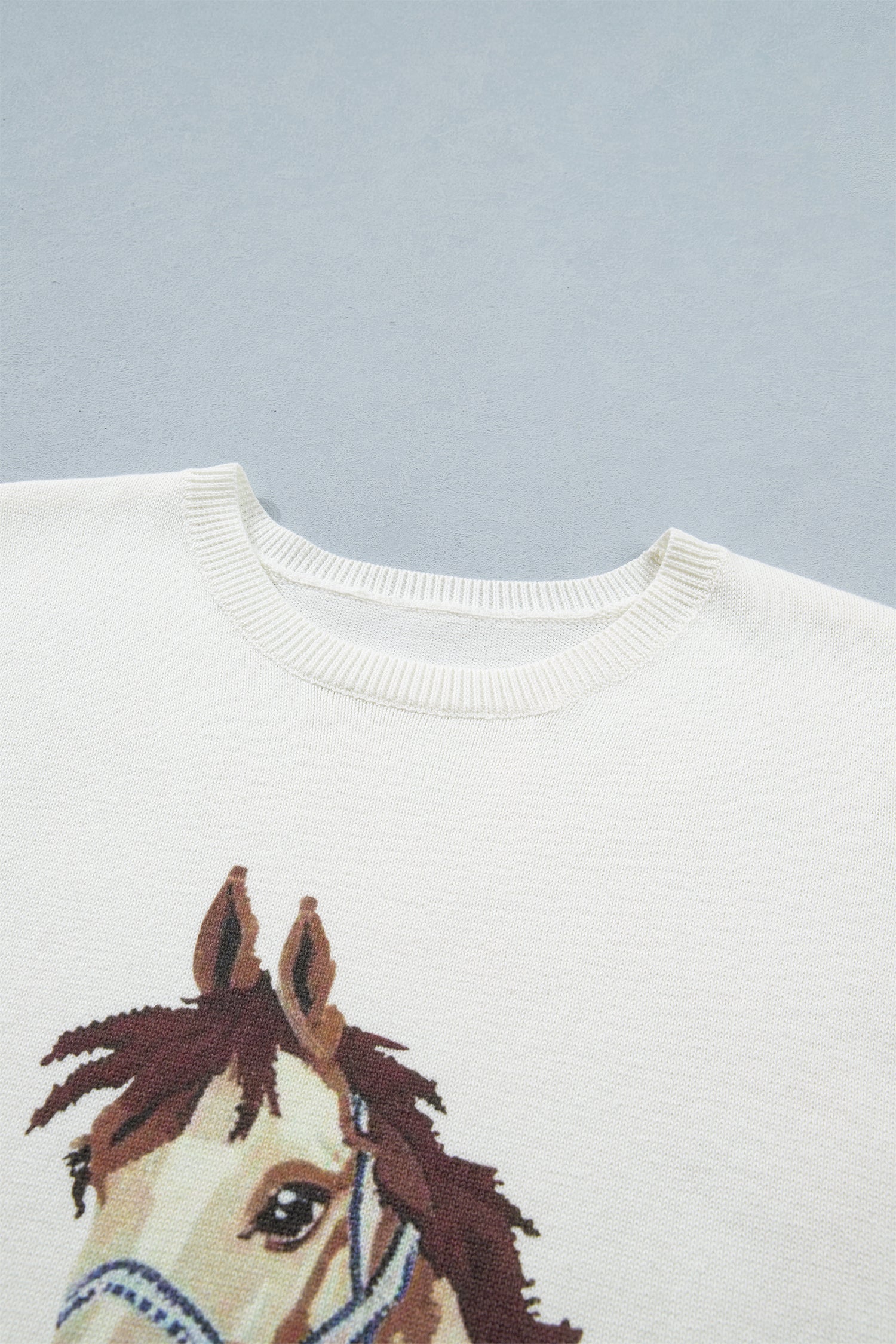 White Wild West Horse Head Printed Short Sleeve Sweater-TOPS / DRESSES-[Adult]-[Female]-2022 Online Blue Zone Planet