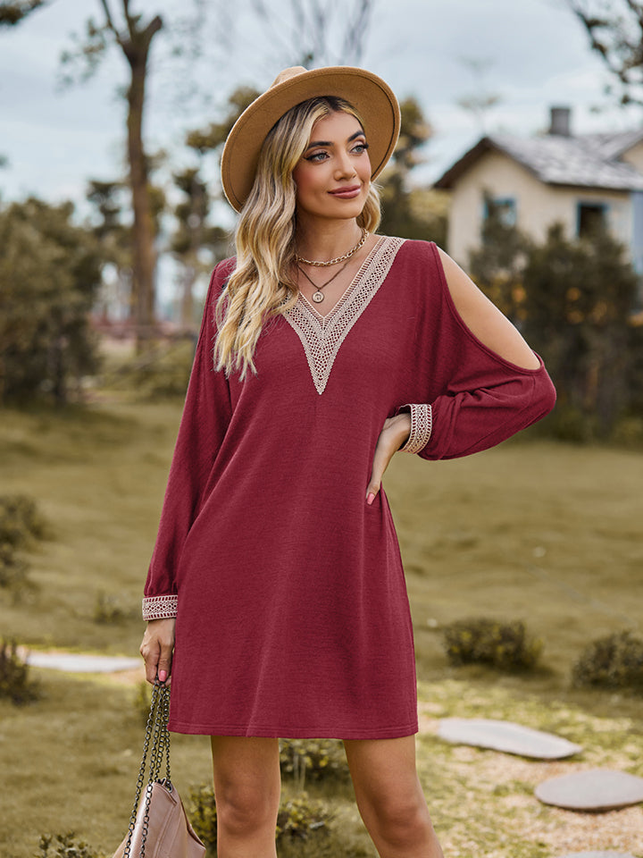 V-Neck Cutout Sleeve Mini Dress-TOPS / DRESSES-[Adult]-[Female]-Wine-S-2022 Online Blue Zone Planet