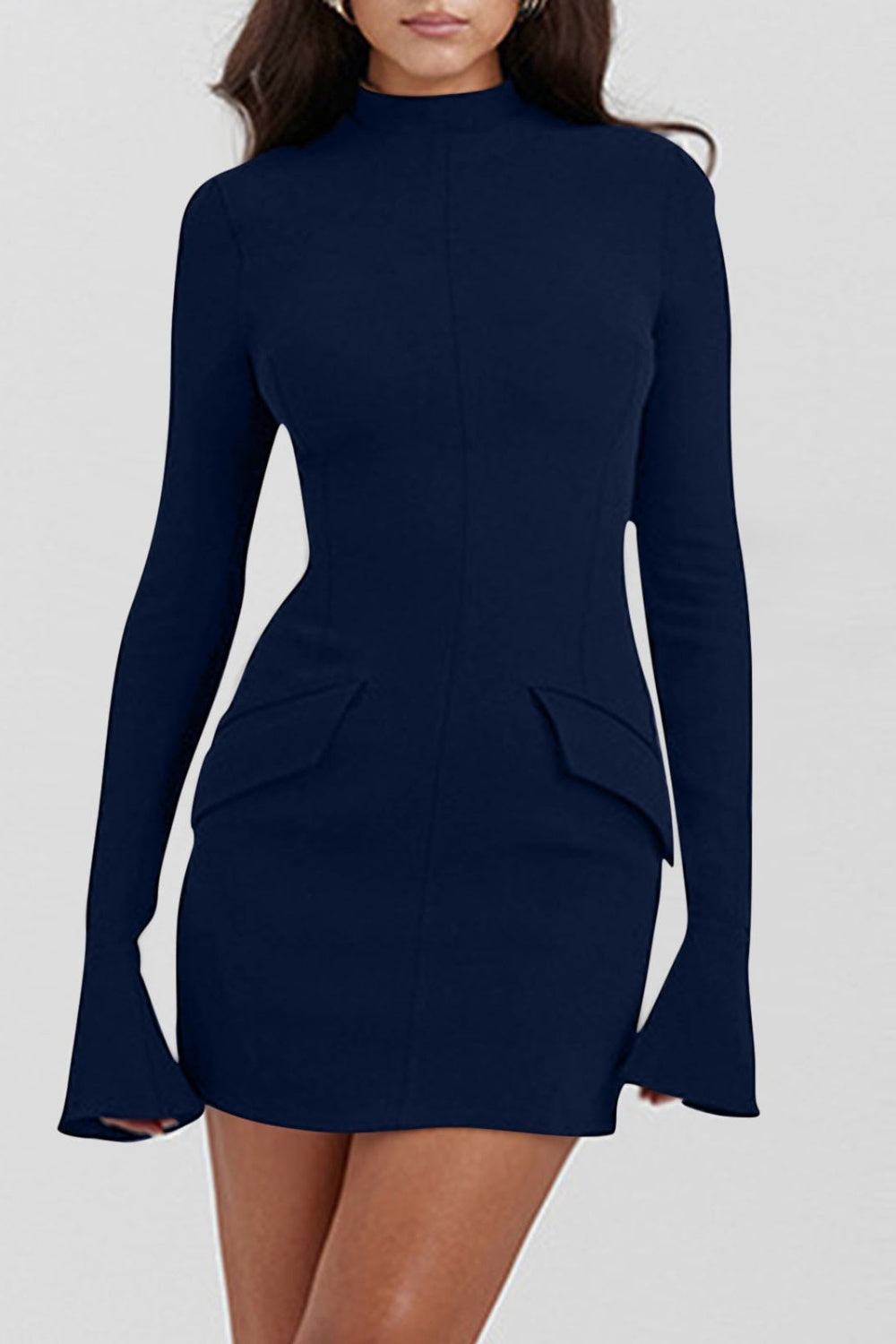 Mock Neck Long Sleeve Mini Dress-TOPS / DRESSES-[Adult]-[Female]-Navy-XS-2022 Online Blue Zone Planet