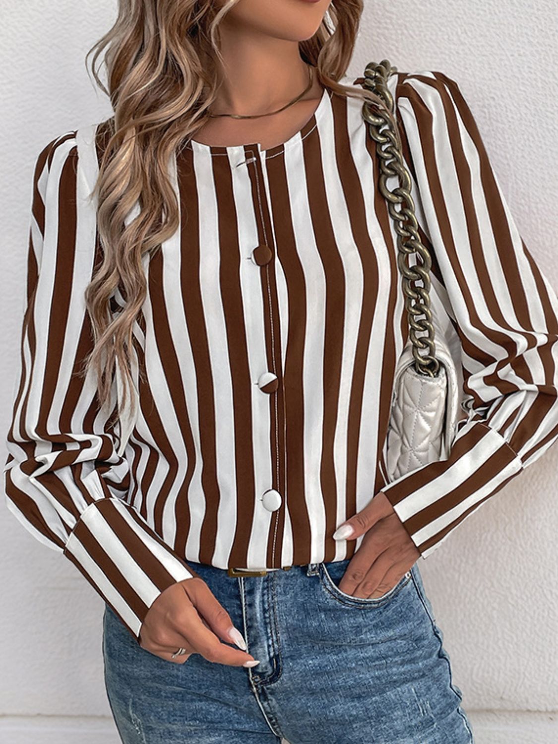 Perfee Striped Round Neck Long Sleeve Blouse-TOPS / DRESSES-[Adult]-[Female]-2022 Online Blue Zone Planet