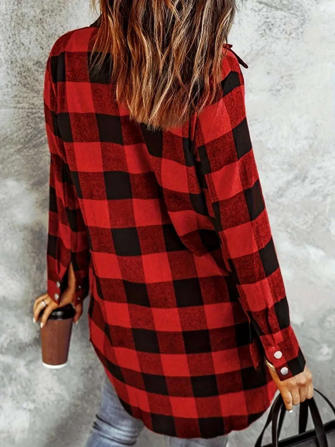 Plaid Collared Neck Snap Down Long Sleeve Jacket-TOPS / DRESSES-[Adult]-[Female]-2022 Online Blue Zone Planet