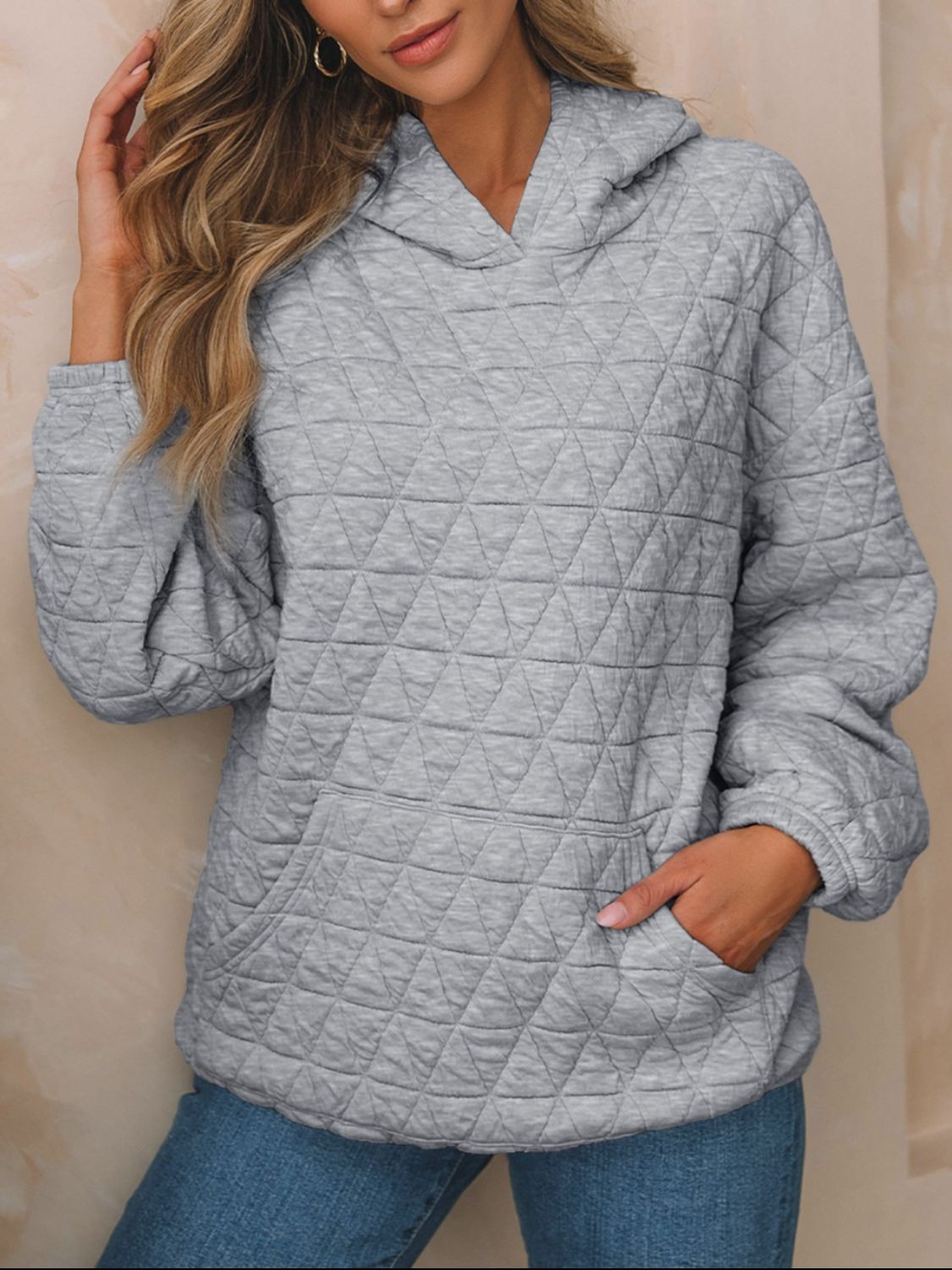 Textured Long Sleeve Hoodie with Pockets-TOPS / DRESSES-[Adult]-[Female]-Gray-S-2022 Online Blue Zone Planet