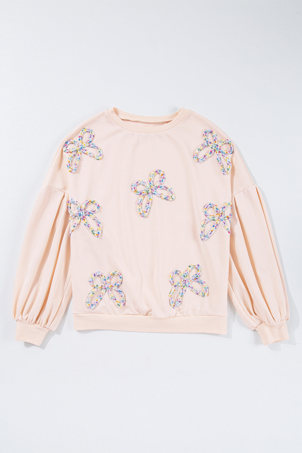 Blue Zone Planet | Light Pink Embroidered Bow Lantern Sleeve Oversized Pullover Sweatshirt-Tops/Sweatshirts & Hoodies-[Adult]-[Female]-2022 Online Blue Zone Planet