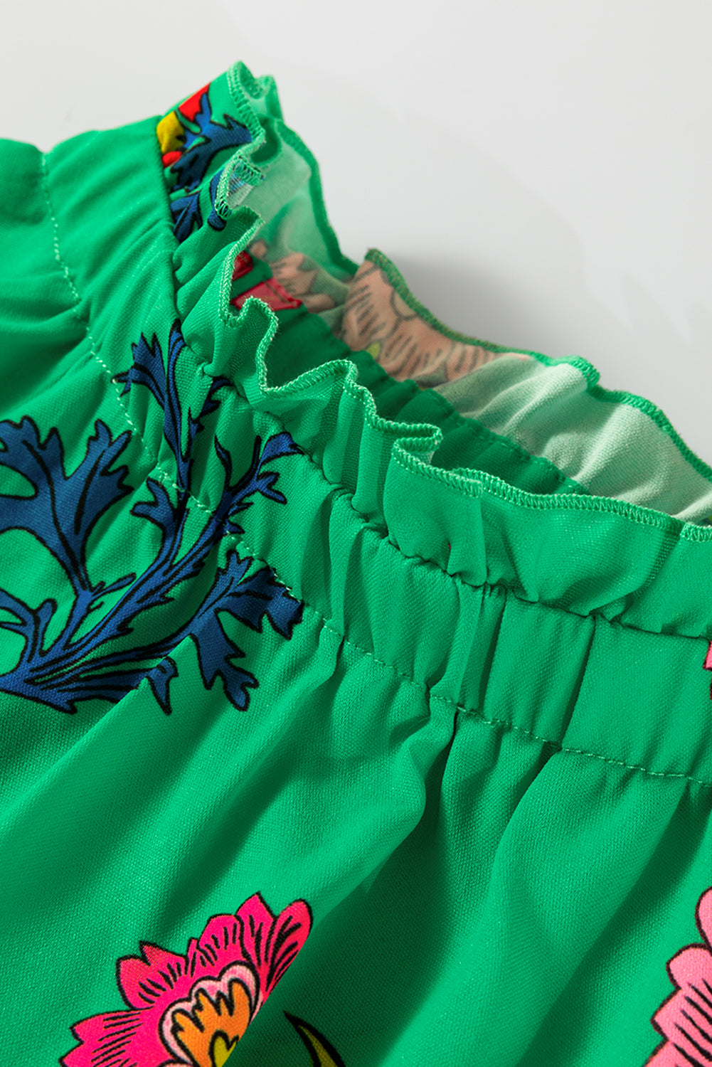 Green Floral Print Flutter Sleeve Frilly Neck Blouse-Tops/Blouses & Shirts-[Adult]-[Female]-2022 Online Blue Zone Planet