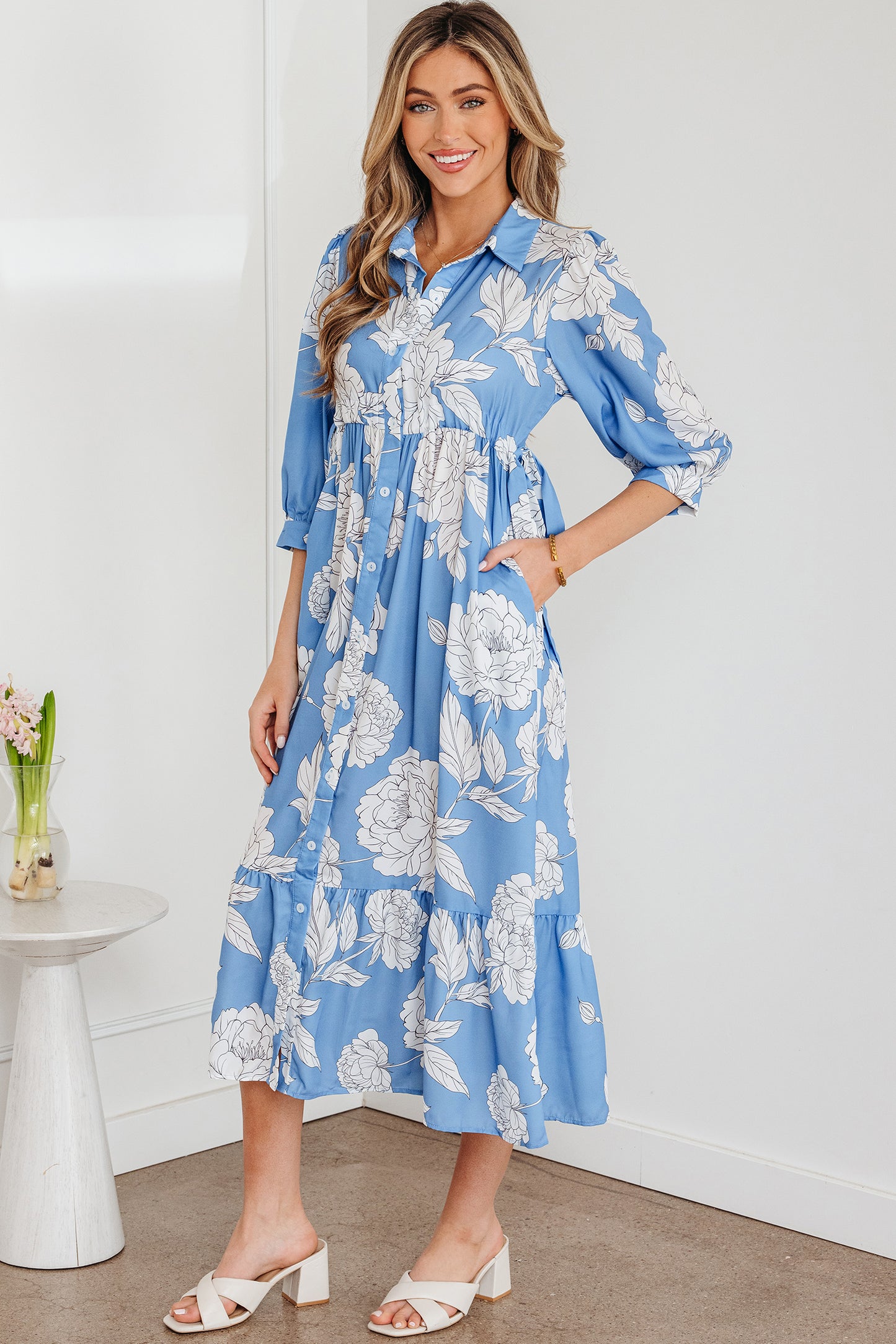 Sky Blue Floral Print Shirt Collar Button Down 3/4 Sleeve Ruffle Hem Long Dress-TOPS / DRESSES-[Adult]-[Female]-2022 Online Blue Zone Planet