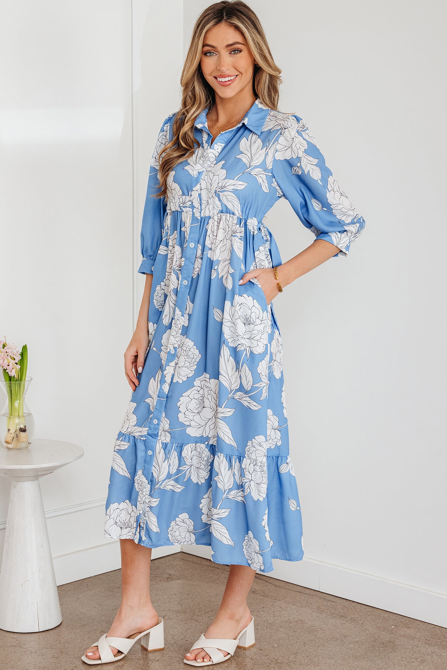 Sky Blue Floral Print Shirt Collar Button Down 3/4 Sleeve Ruffle Hem Long Dress-TOPS / DRESSES-[Adult]-[Female]-2022 Online Blue Zone Planet